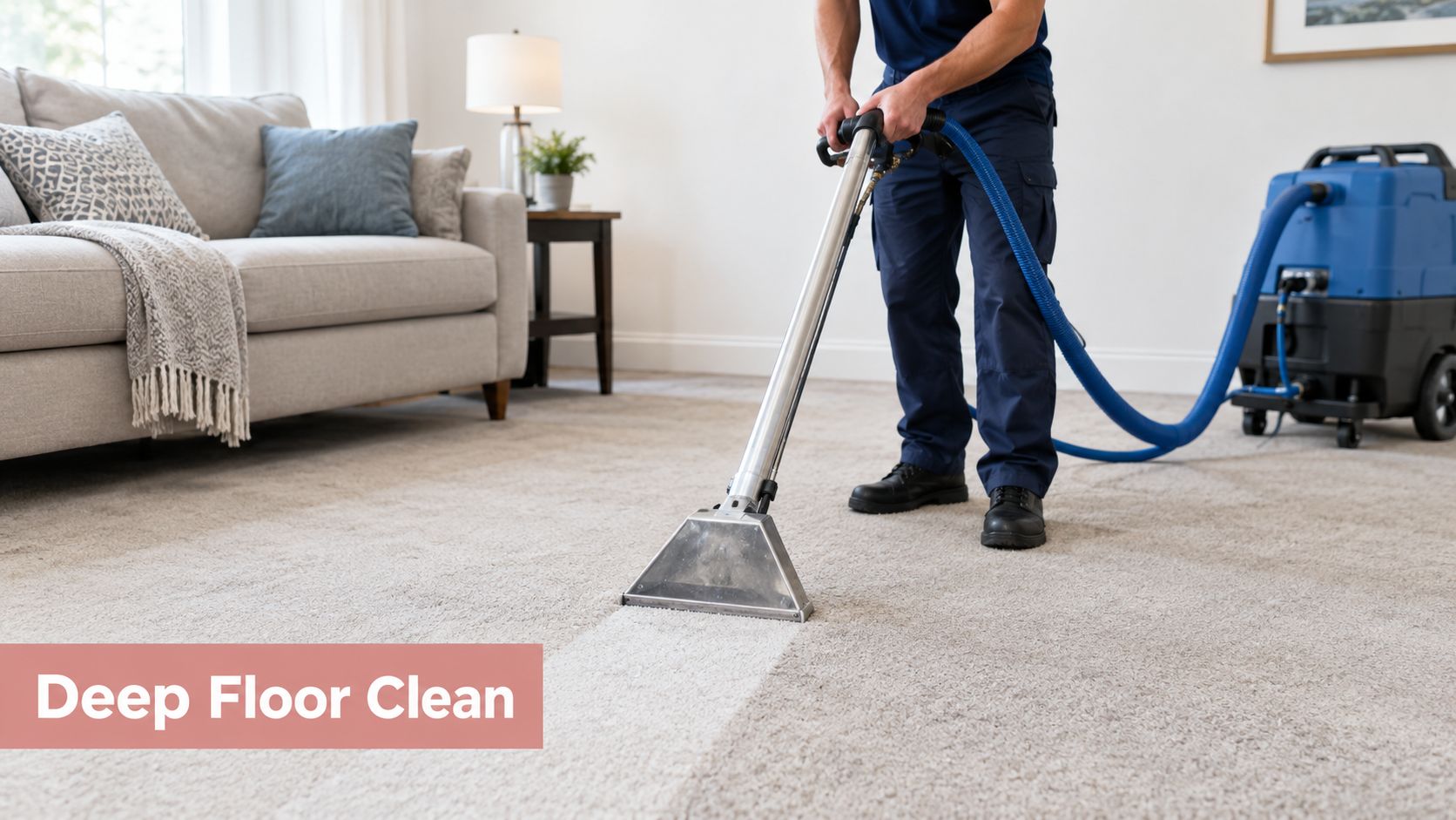 A professional carpet cleaning technician using a vacuum extraction machine on a light gray carpeted living room floor.