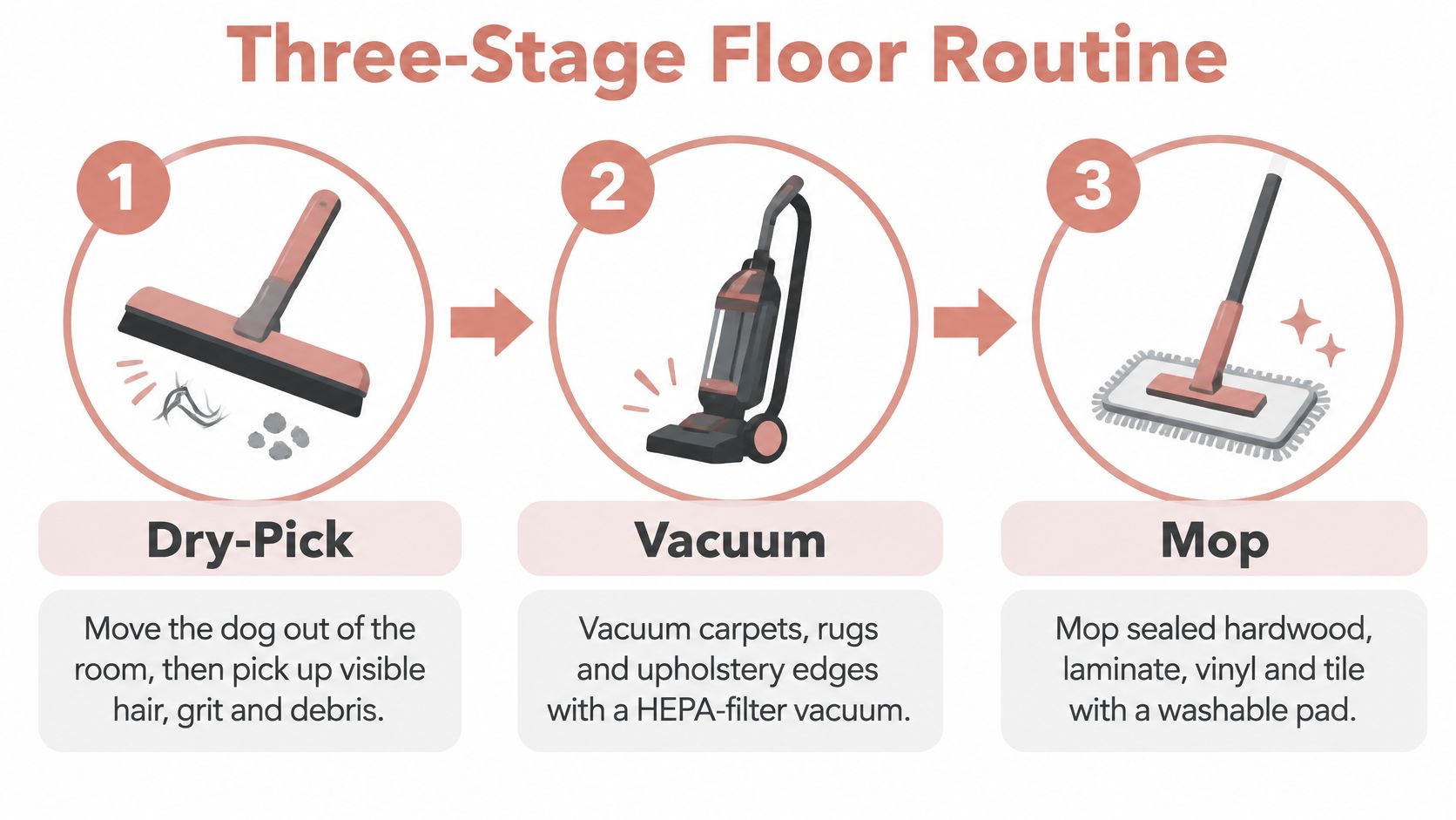 An infographic showing a three-stage floor cleaning routine involving sweeping, vacuuming, and mopping for pet owners.