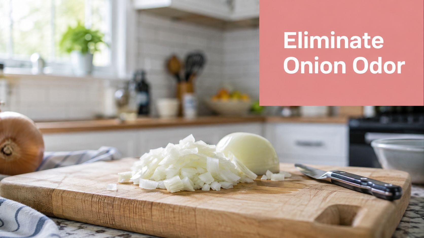 A wooden cutting board with chopped onions and a knife on a kitchen counter for odor removal.