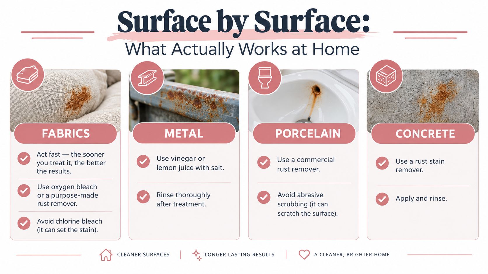 A helpful infographic guide titled Surface by Surface explaining how to remove rust from different home surfaces.