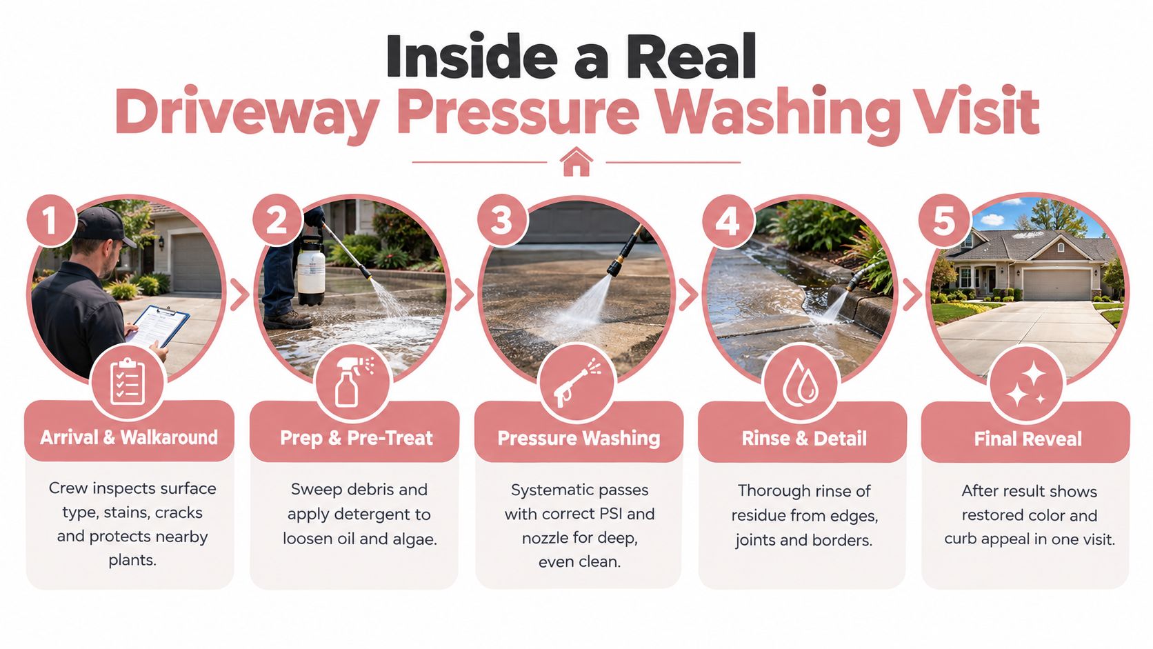 A five-step infographic showing the professional process of a residential driveway pressure washing service from start to finish.