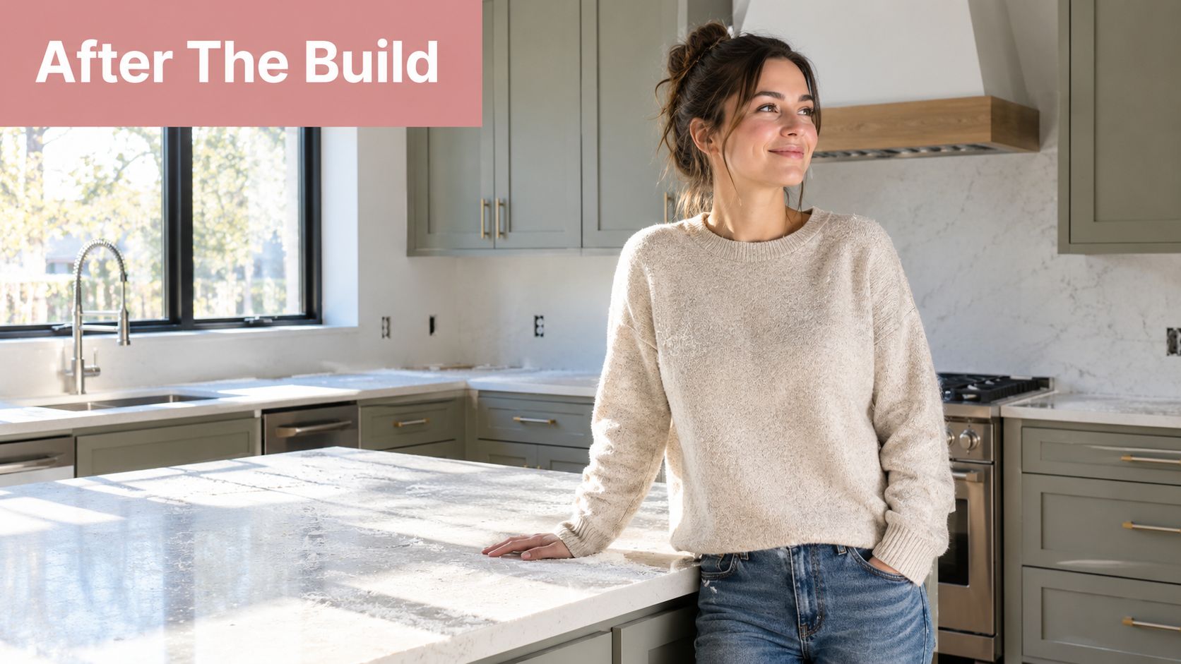 A smiling woman standing at the marble island in her modern, newly completed green kitchen.