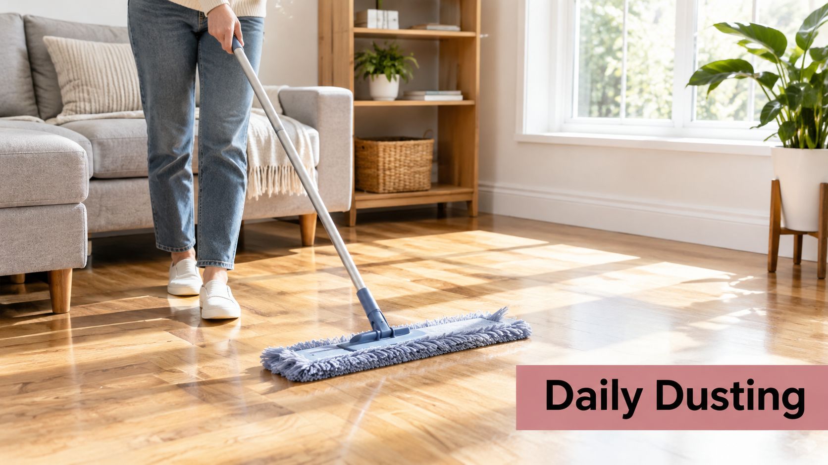 A person cleaning a wooden floor with a blue microfiber mop in a bright, modern living room.