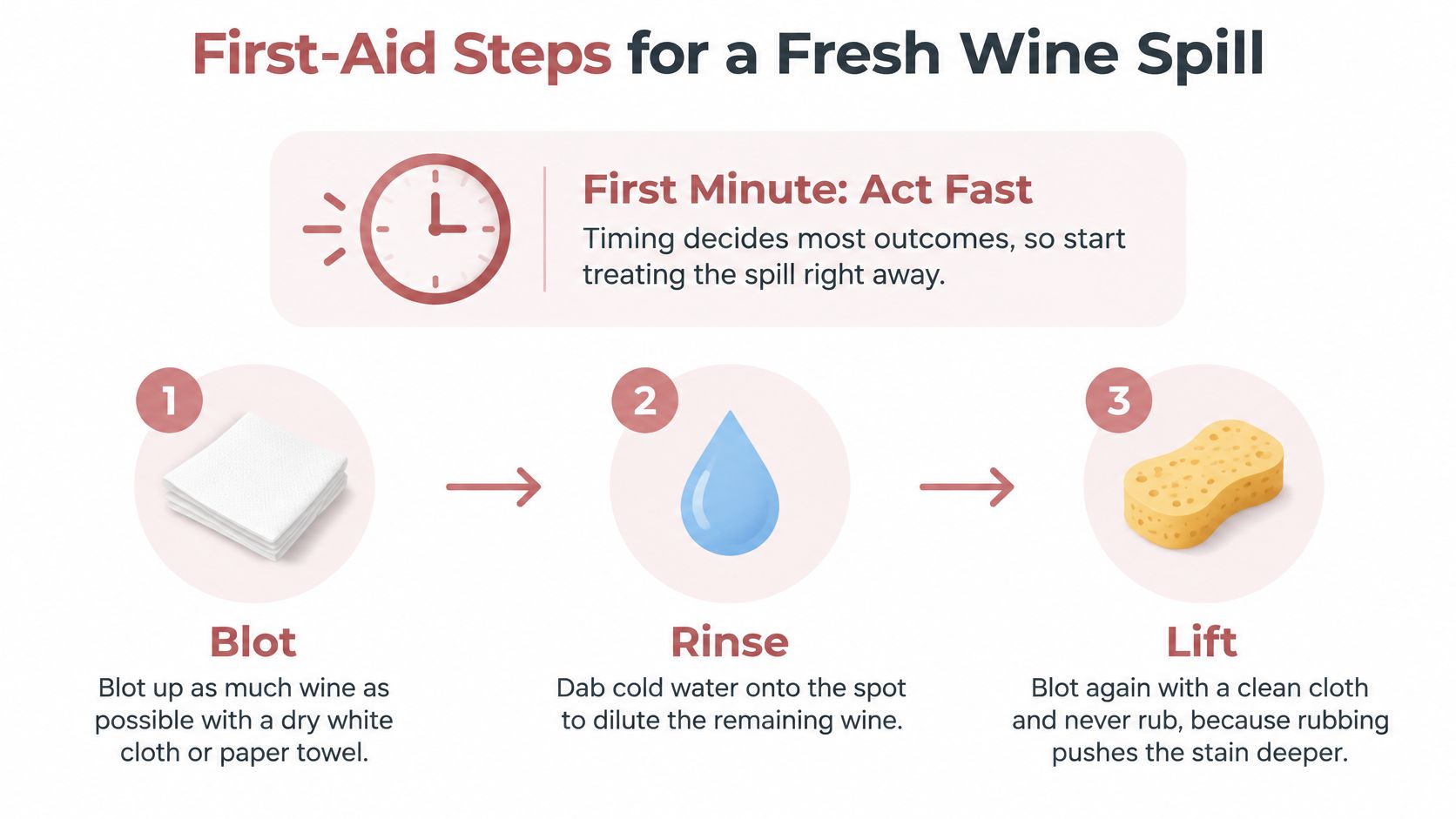 An infographic showing three steps to treat a fresh wine spill: blot, rinse, and lift.