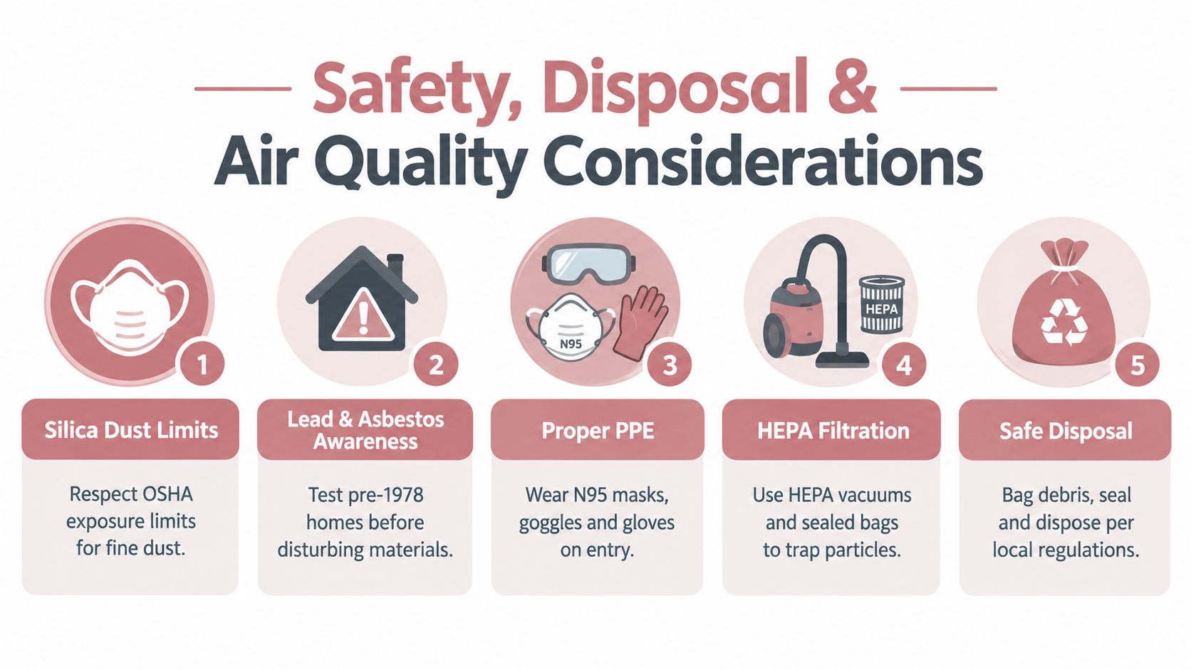 A safety infographic illustrating proper construction cleanup procedures including PPE, HEPA filtration, and safe waste disposal methods.