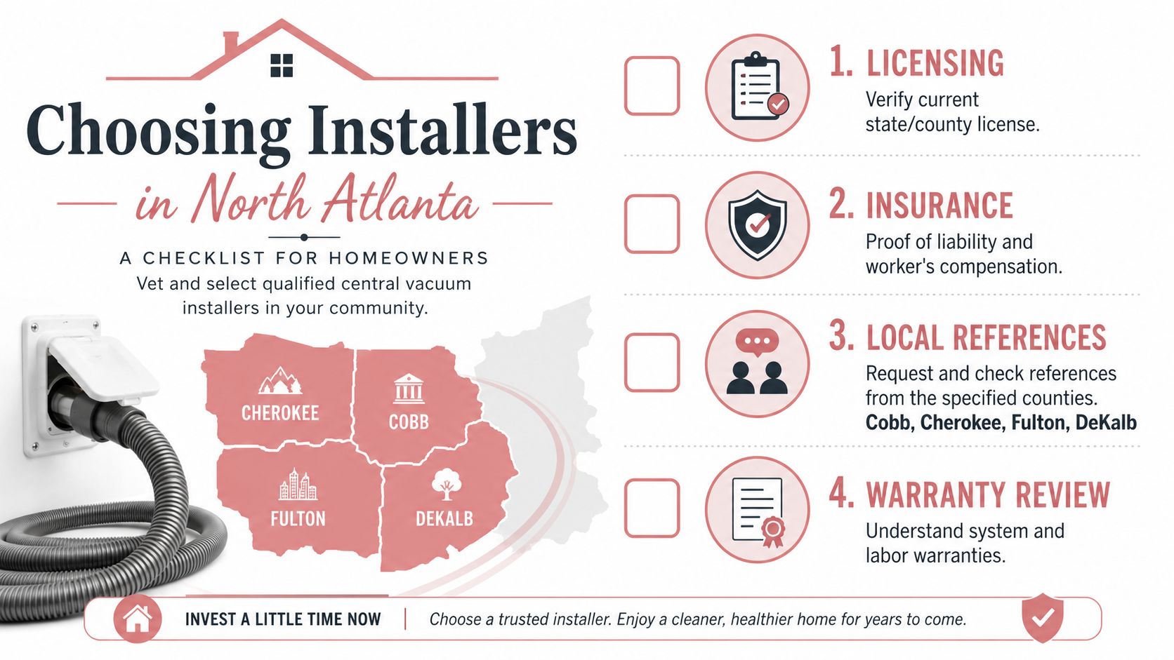 A checklist infographic for selecting qualified central vacuum system installers in North Atlanta residential areas.