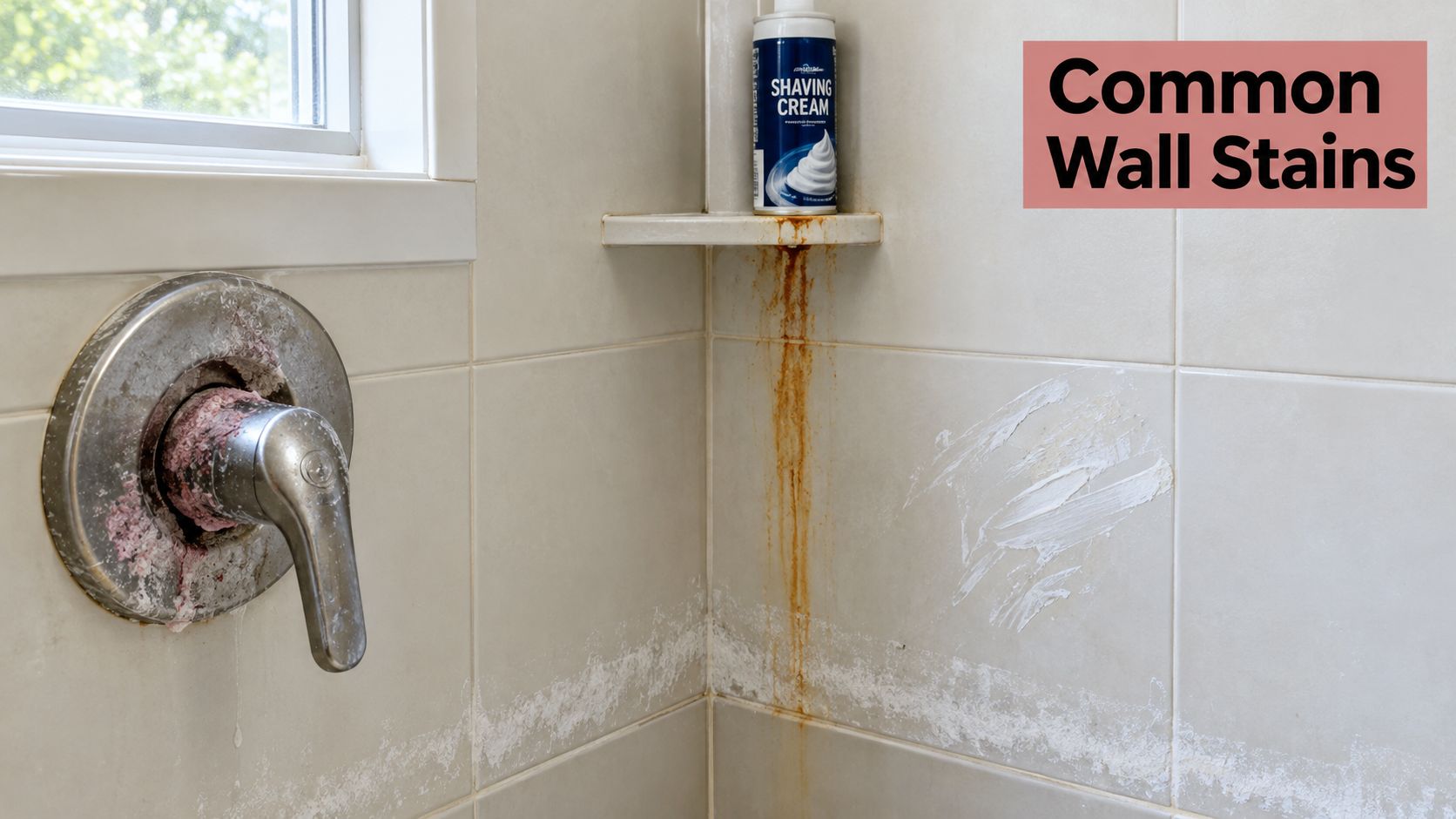 A tiled bathroom wall showing a rusted shaving cream stain, water mineral deposits, and soap residue.