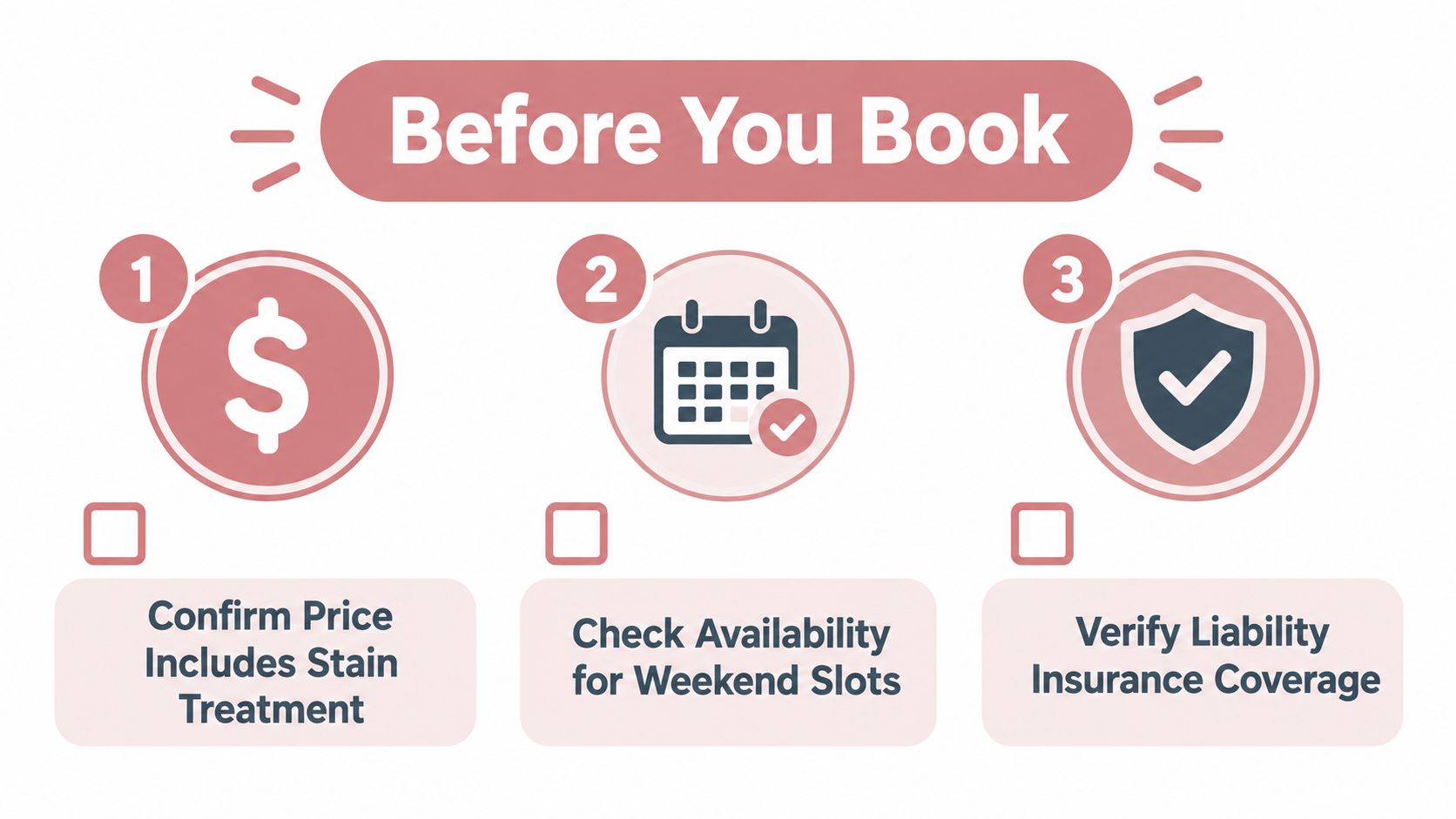 A checklist titled Before You Book with three steps regarding price, availability, and insurance coverage.