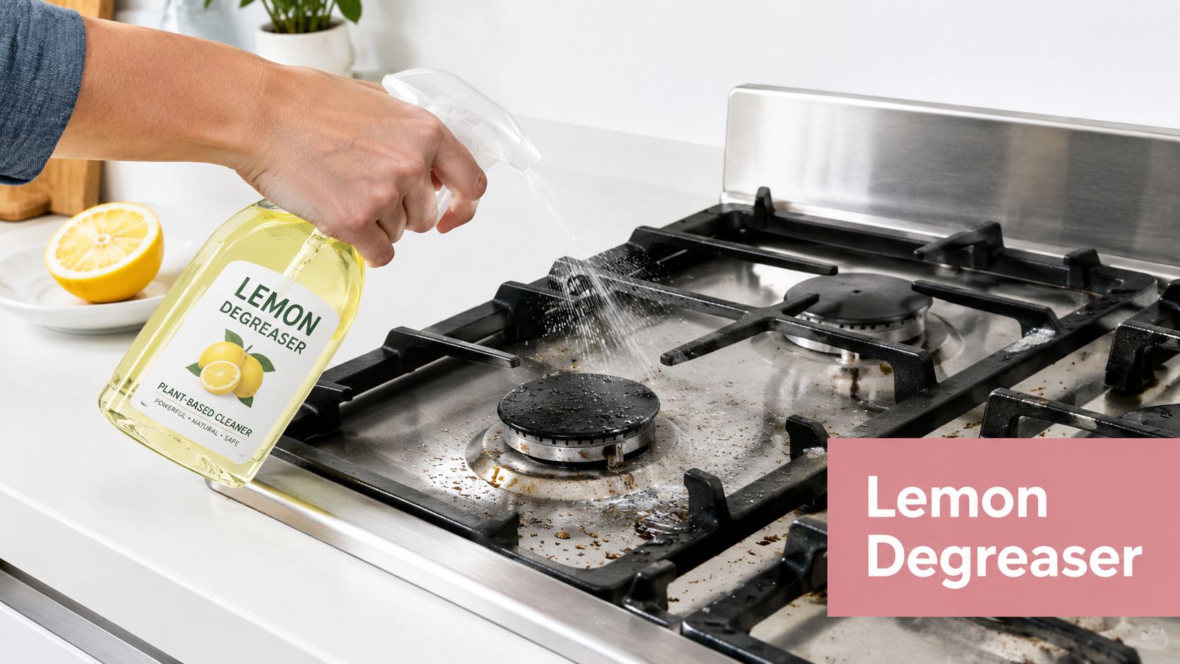 A hand sprays a bottle of lemon degreaser onto a dirty gas stovetop to clean it.
