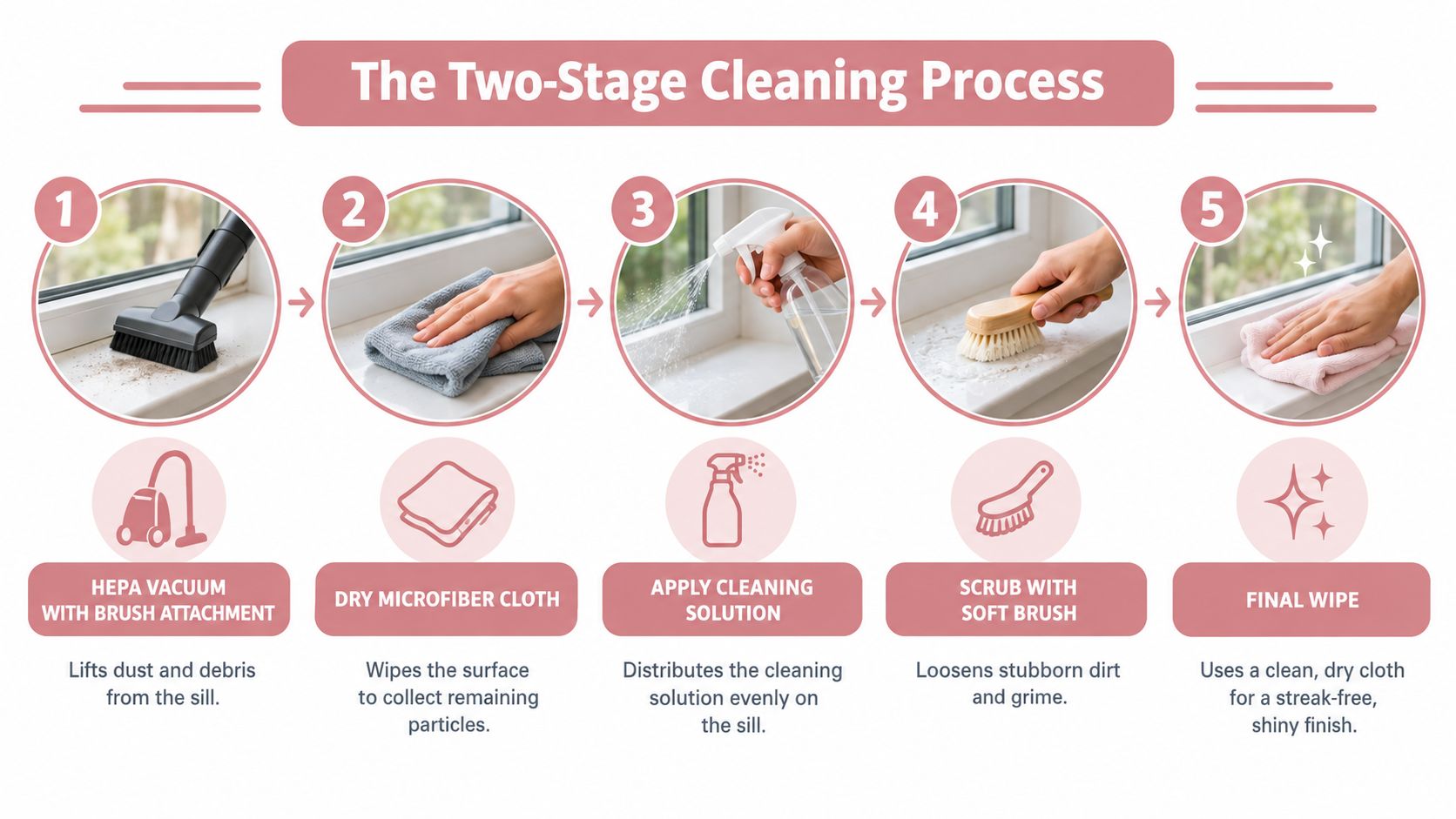 A step-by-step infographic showing five stages of cleaning a window sill using a vacuum and cloths.