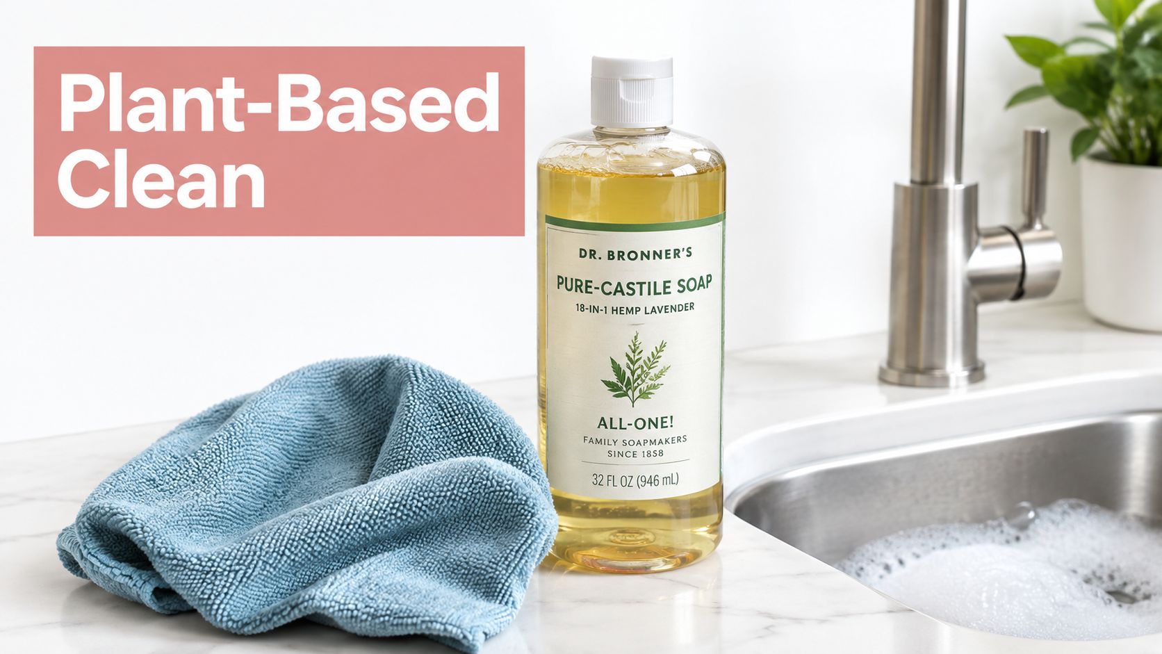A bottle of Dr. Bronner's lavender castile soap next to a blue cleaning cloth by a sink.