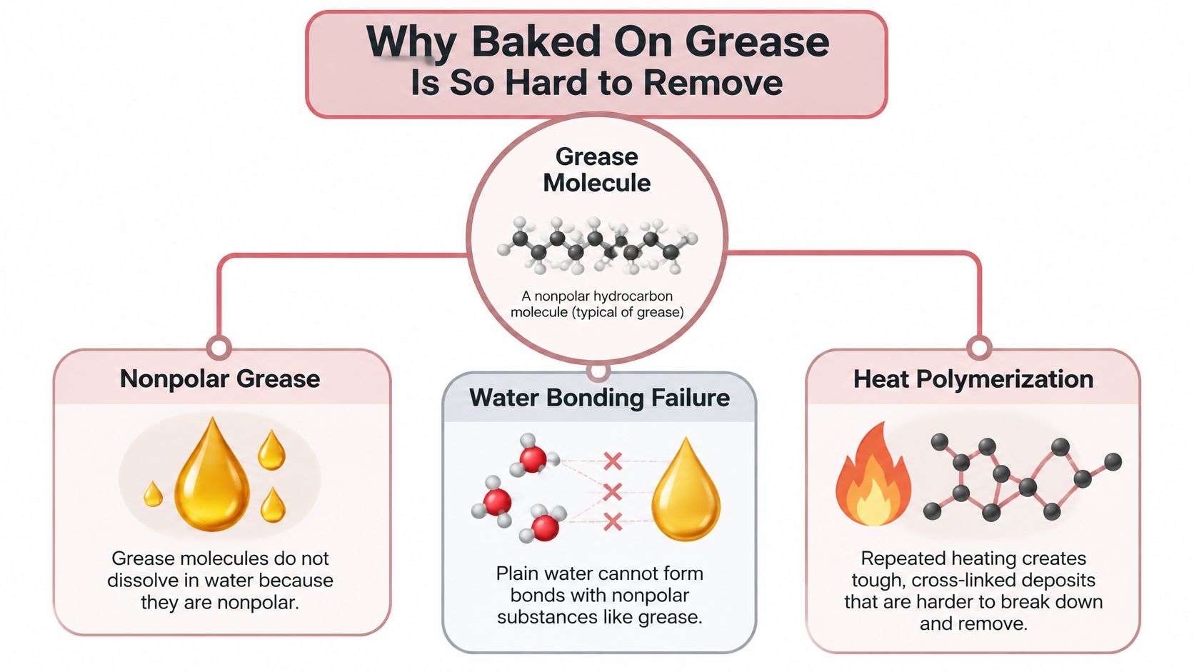 A diagram explaining why baked-on grease is difficult to remove due to nonpolar properties and heat polymerization.