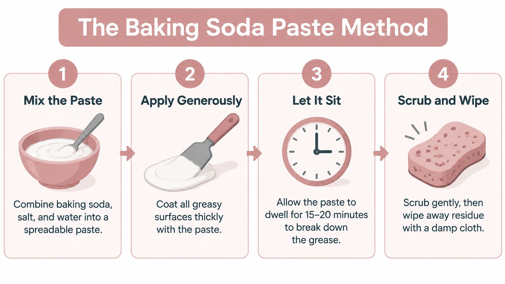 An instructional infographic detailing the four steps of the baking soda paste method for cleaning kitchen surfaces.