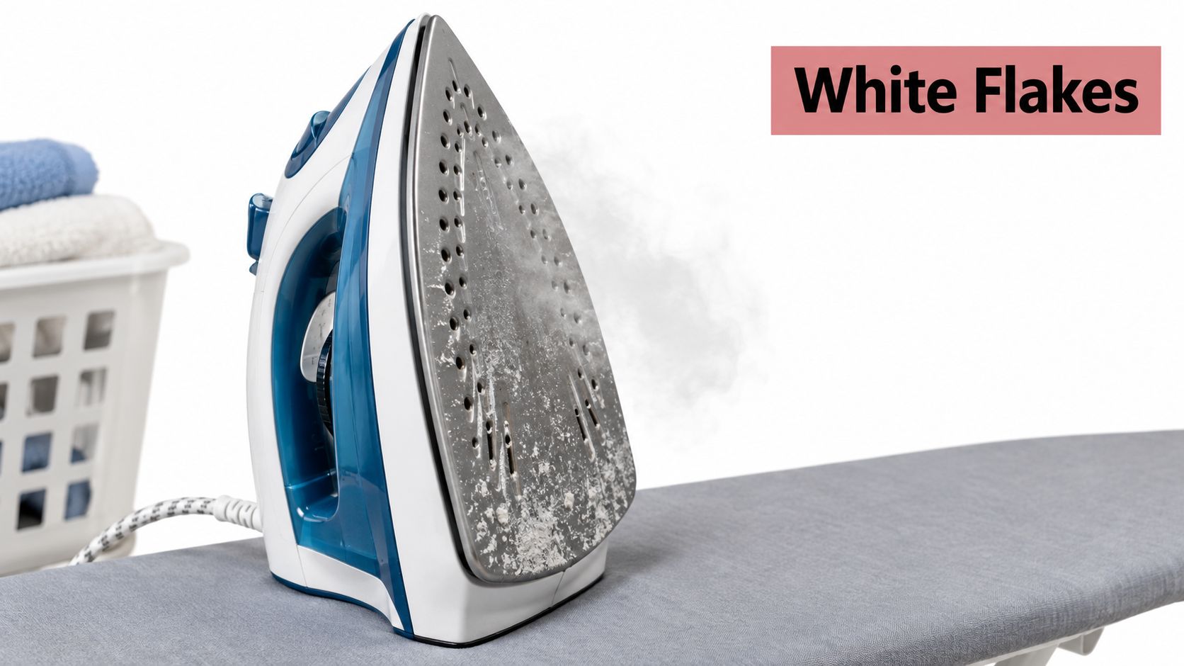 A steam iron sitting on an ironing board, showing mineral buildup and white flakes on the soleplate.