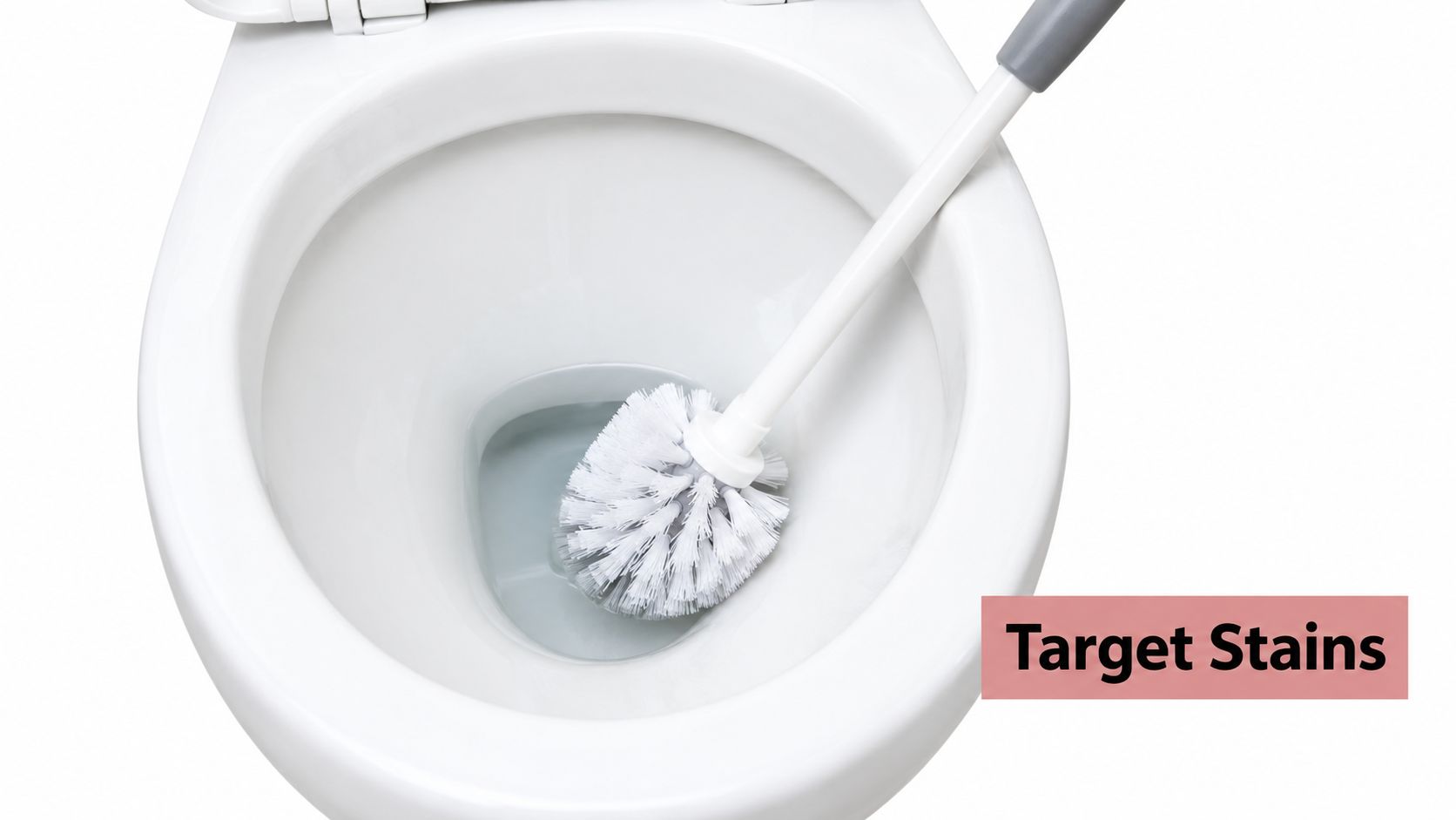 A white toilet bowl being cleaned by a person using a long-handled plastic toilet brush.