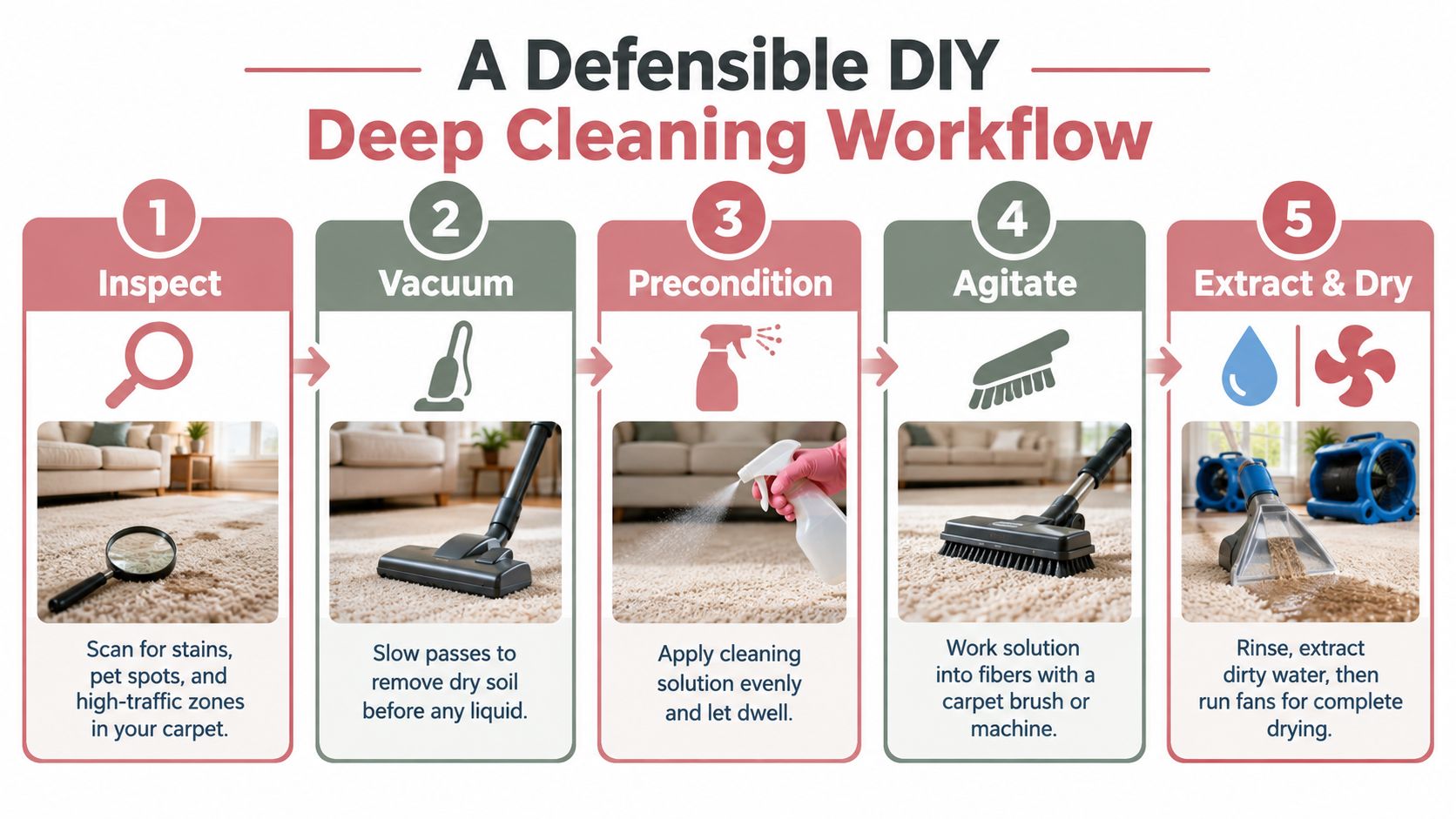 A five-step infographic showing the professional workflow for deep cleaning carpets at home, from inspection to drying.