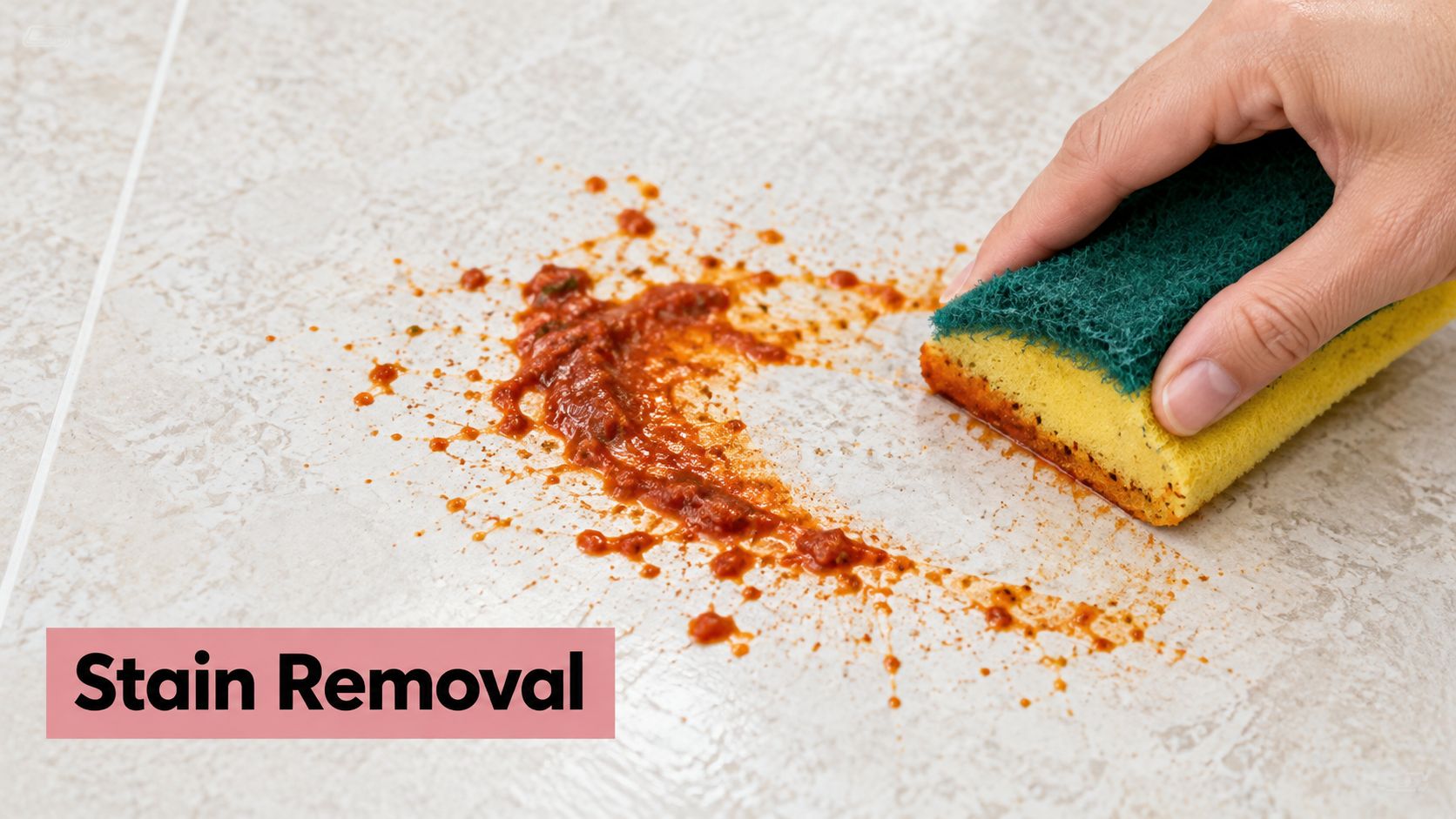A hand using a yellow and green sponge to clean tomato sauce stain off a linoleum floor.