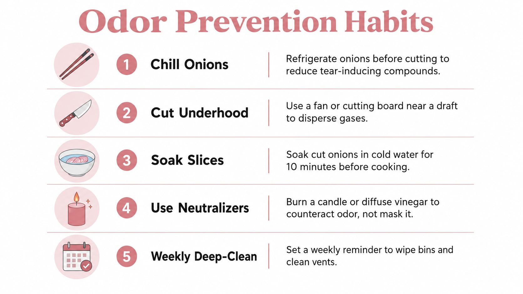 An infographic listing five helpful habits for preventing and eliminating strong onion odors in your home.