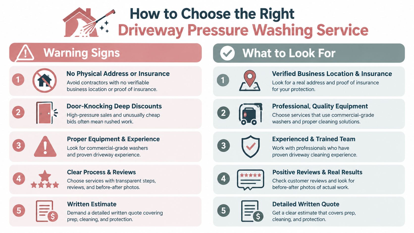 An infographic titled How to Choose the Right Driveway Pressure Washing Service comparing warning signs versus recommended attributes.