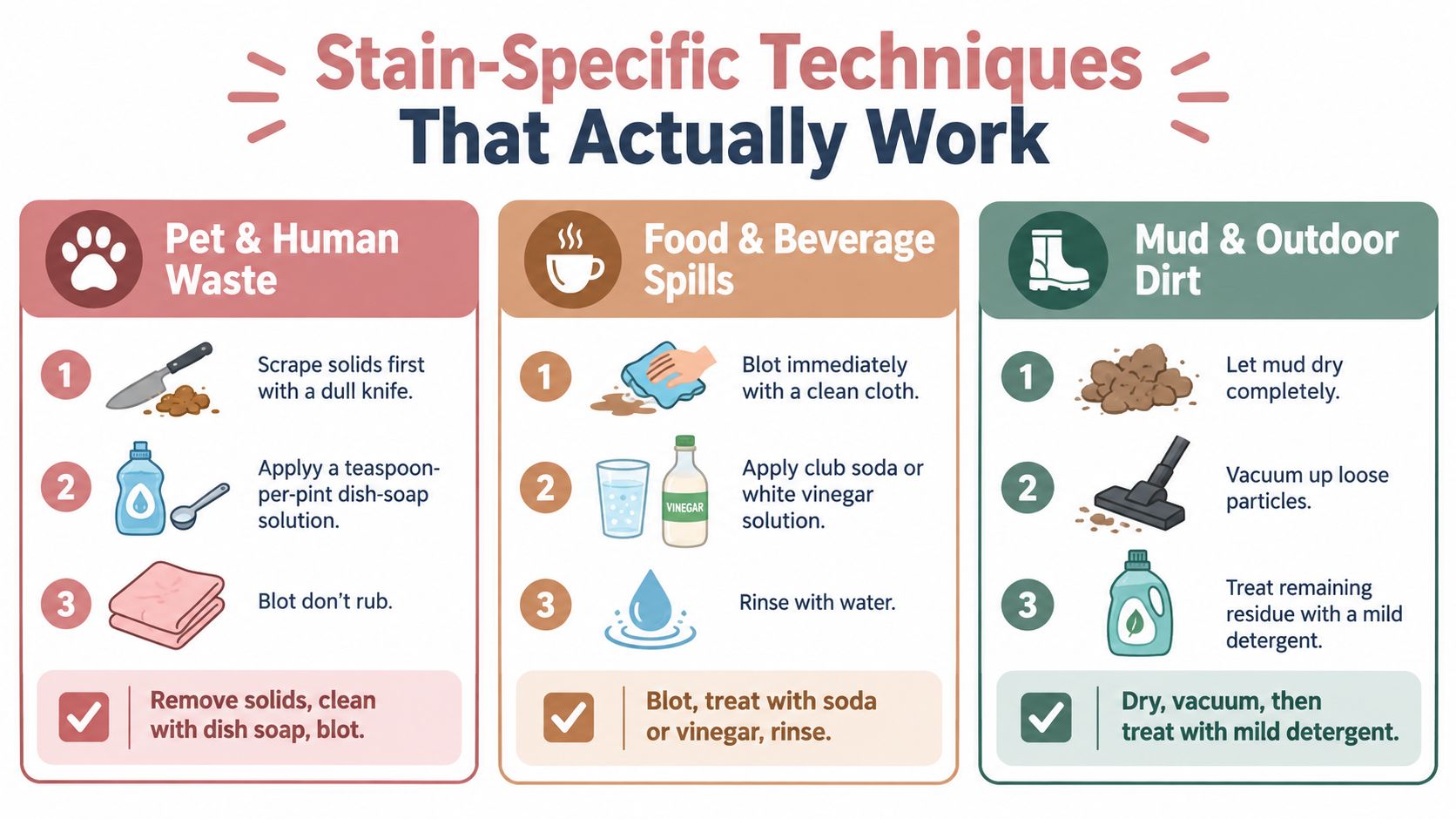 An infographic detailing stain removal techniques for pet waste, food spills, and mud on carpets and upholstery.
