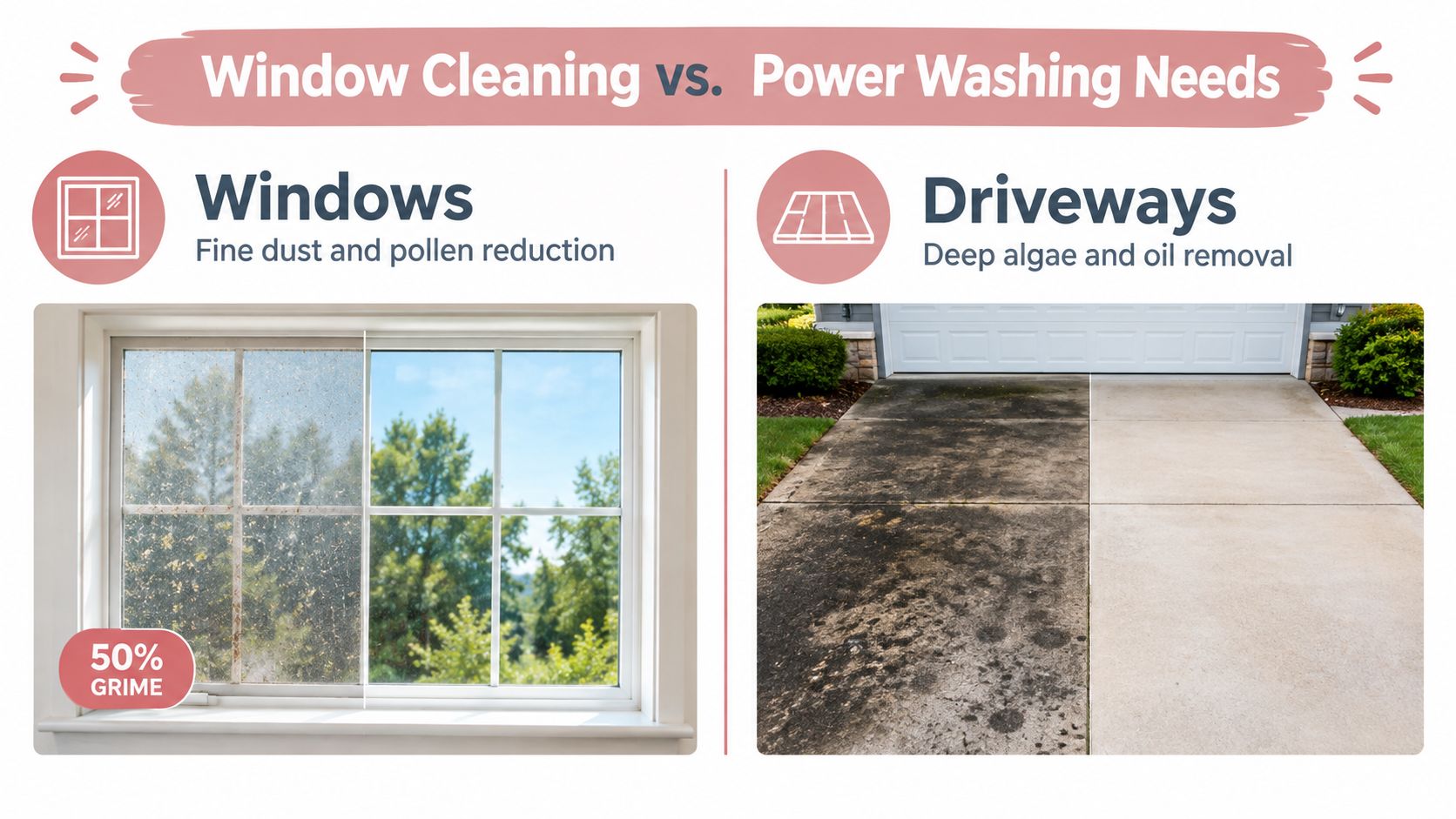 A comparison graphic showing dirty windows next to clean ones and a dirty driveway versus a cleaned one.
