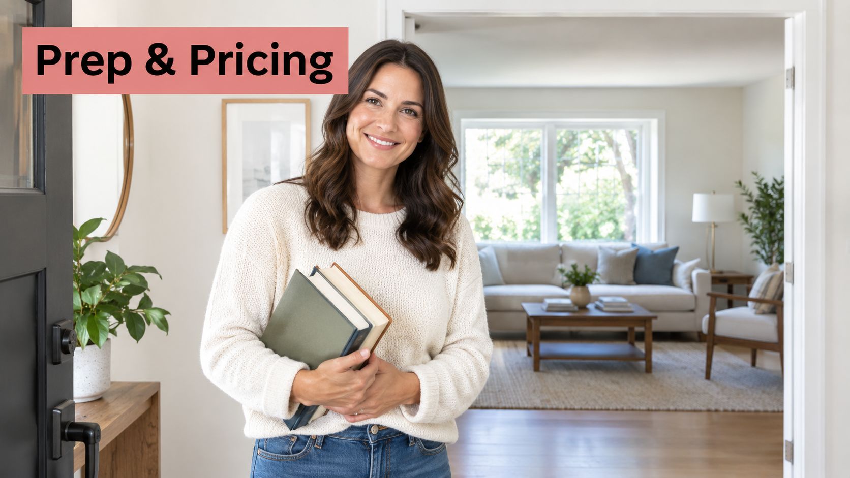 A friendly woman standing in a doorway holding books in front of a modern, well-lit living room.