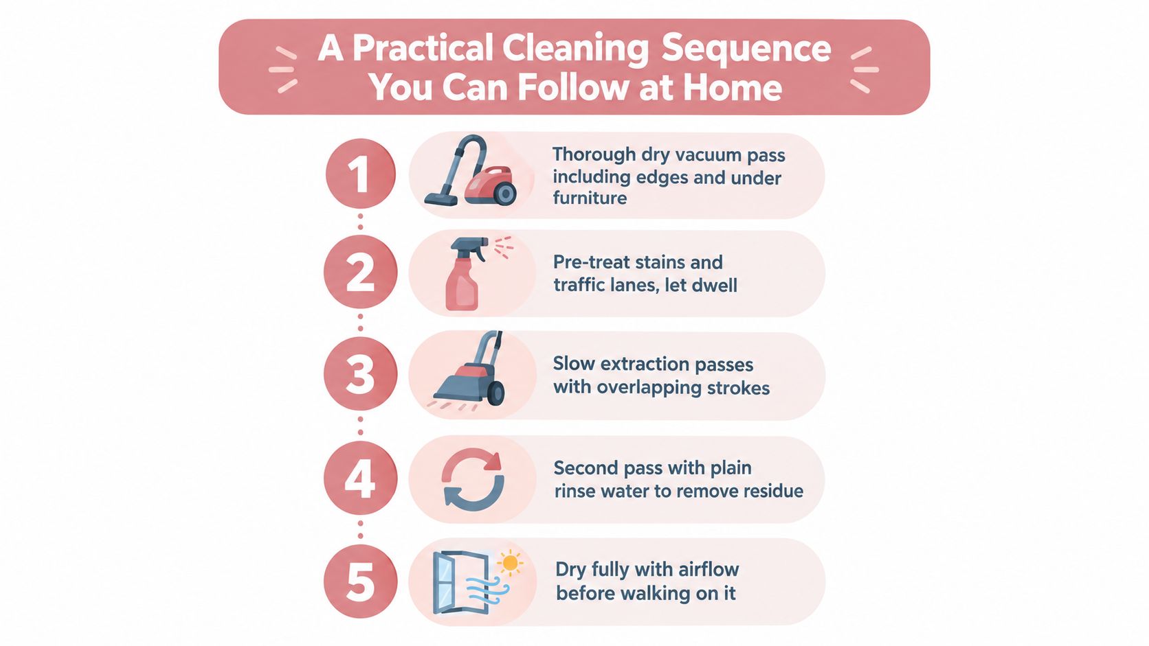 A five-step infographic showing the recommended sequence for professional carpet cleaning in a residential home.