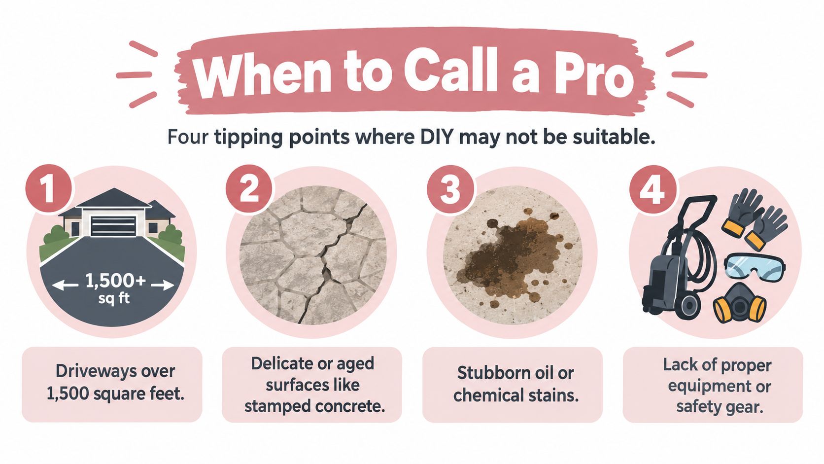 An infographic showing four scenarios, such as large driveways and stubborn stains, when professional pressure washing is recommended.