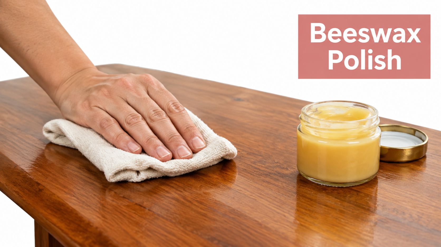 A hand using a cloth to apply natural beeswax polish to a beautiful wooden furniture surface.