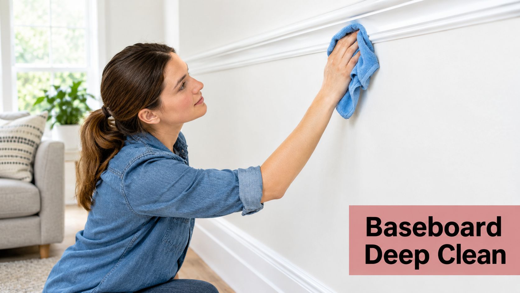 A woman cleaning white decorative wall molding with a blue cloth in a bright, modern living room.