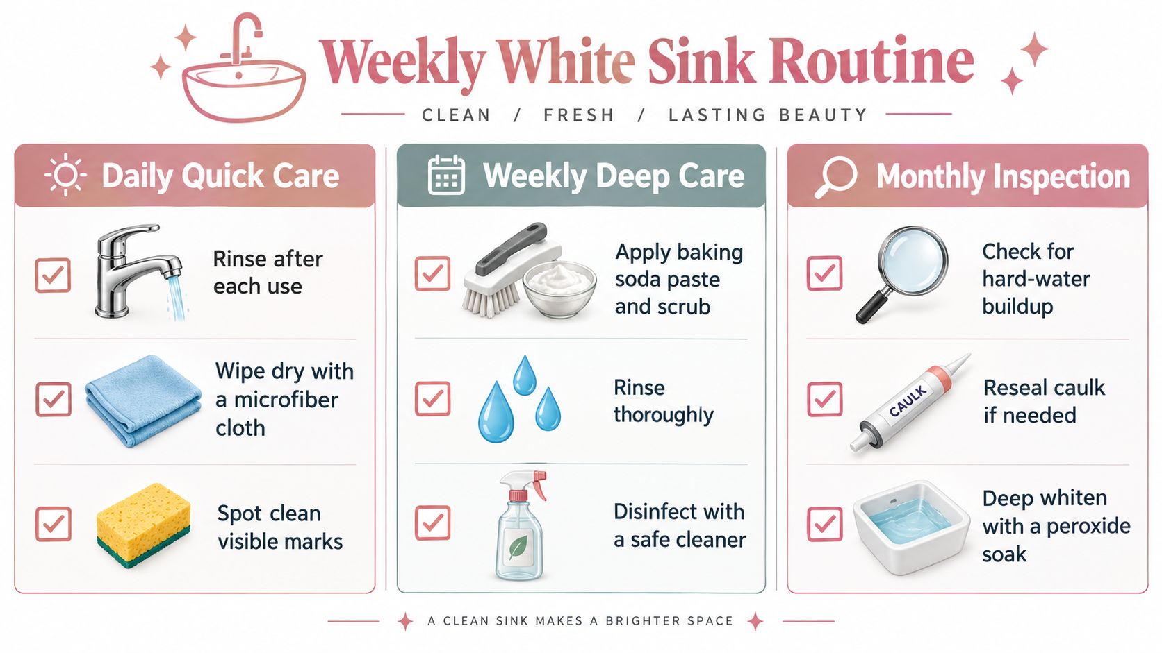 An infographic detailing a maintenance schedule for a white sink, featuring daily, weekly, and monthly cleaning tasks.