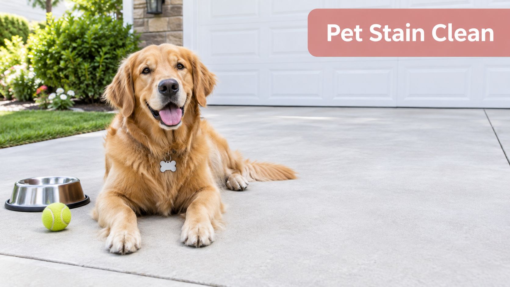 A happy golden retriever dog lying on a clean concrete driveway next to a tennis ball.