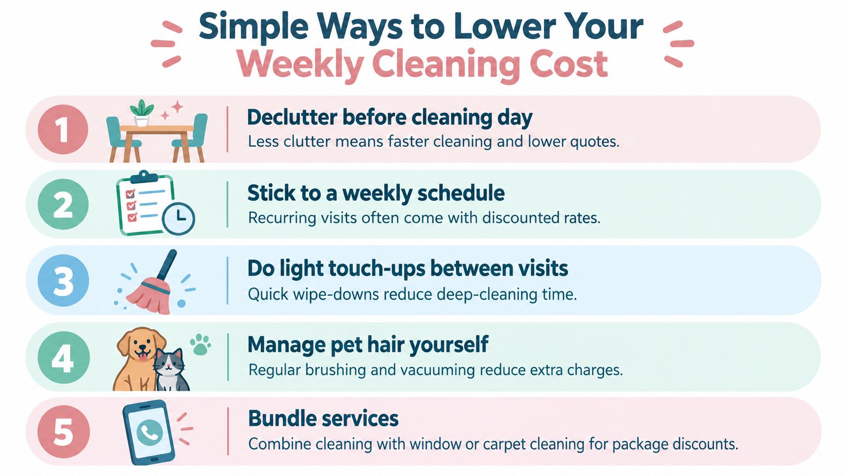 A list of five simple tips to reduce the cost of hiring a weekly house cleaning service.