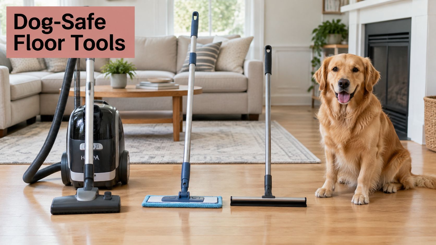A golden retriever sitting on a hardwood floor next to a vacuum, a mop, and a squeegee.