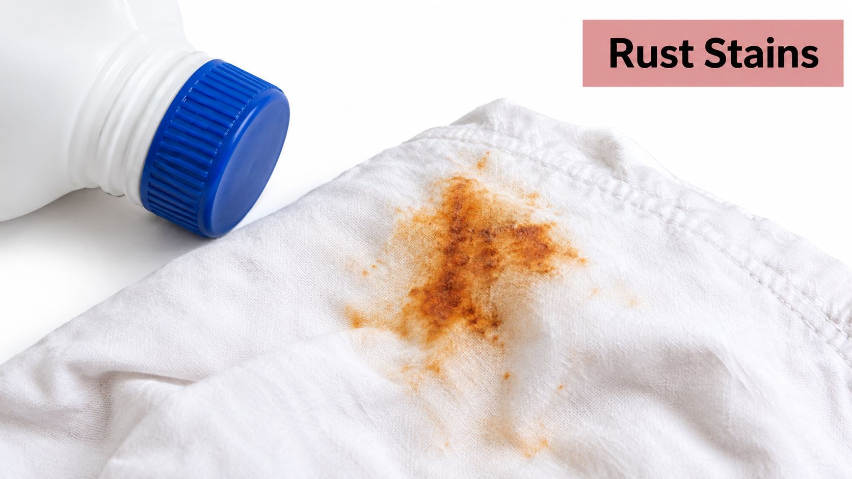 A close-up of a white cloth with a prominent orange rust stain next to a plastic bottle.