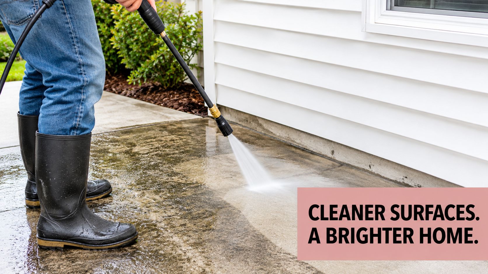 A person in blue jeans and black boots using a pressure washer to clean a concrete patio.