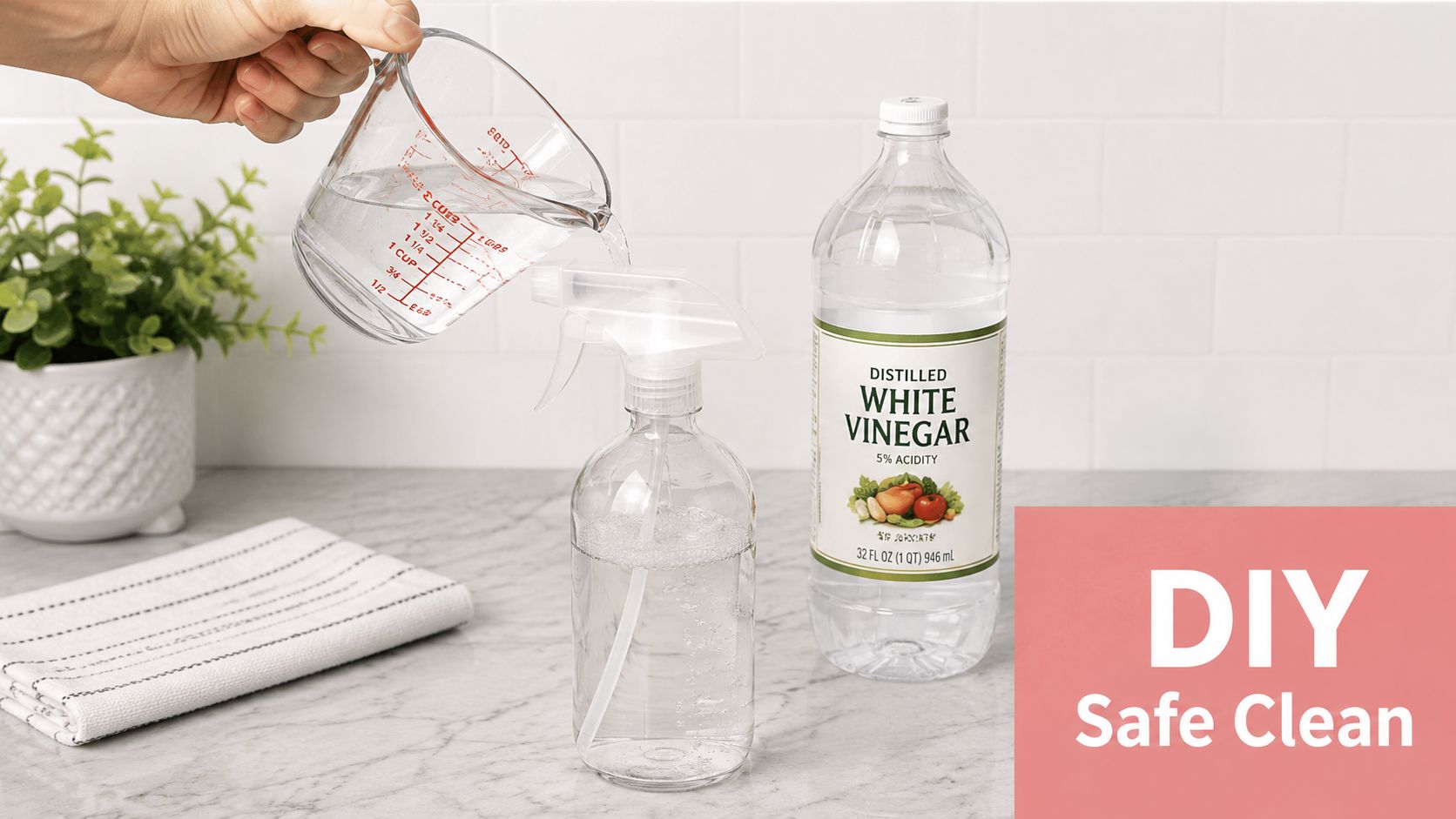 A person pouring water from a measuring cup into a clear glass spray bottle with vinegar nearby.