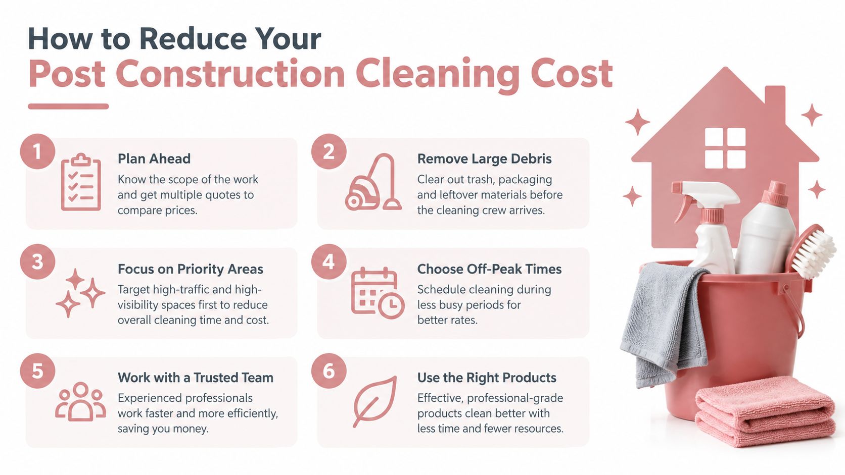 An infographic titled How to Reduce Your Post Construction Cleaning Cost with six numbered tips and cleaning supplies.