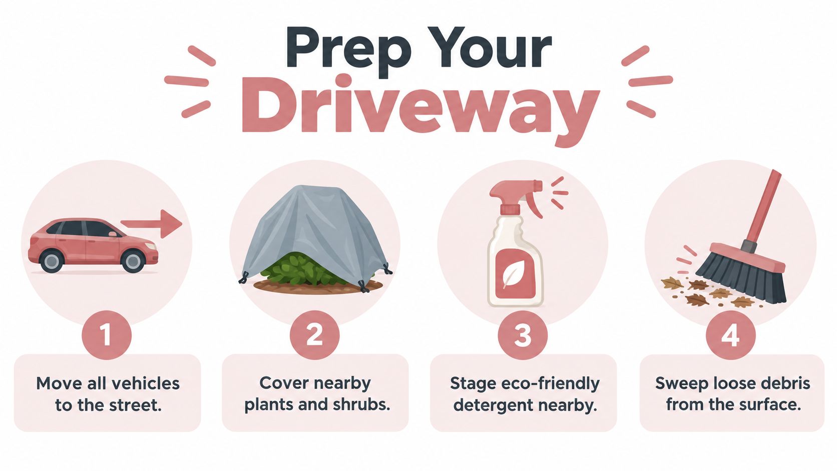An infographic showing four essential steps to prepare a driveway before pressure washing.