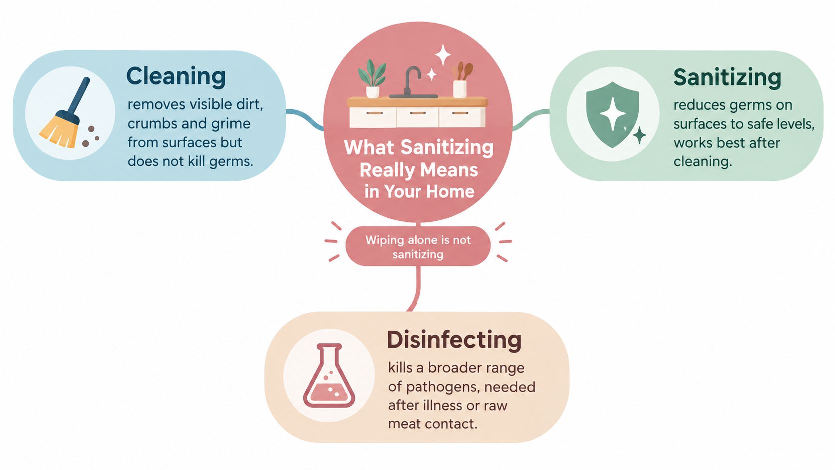 An infographic defining the differences between cleaning, sanitizing, and disinfecting surfaces for home health.