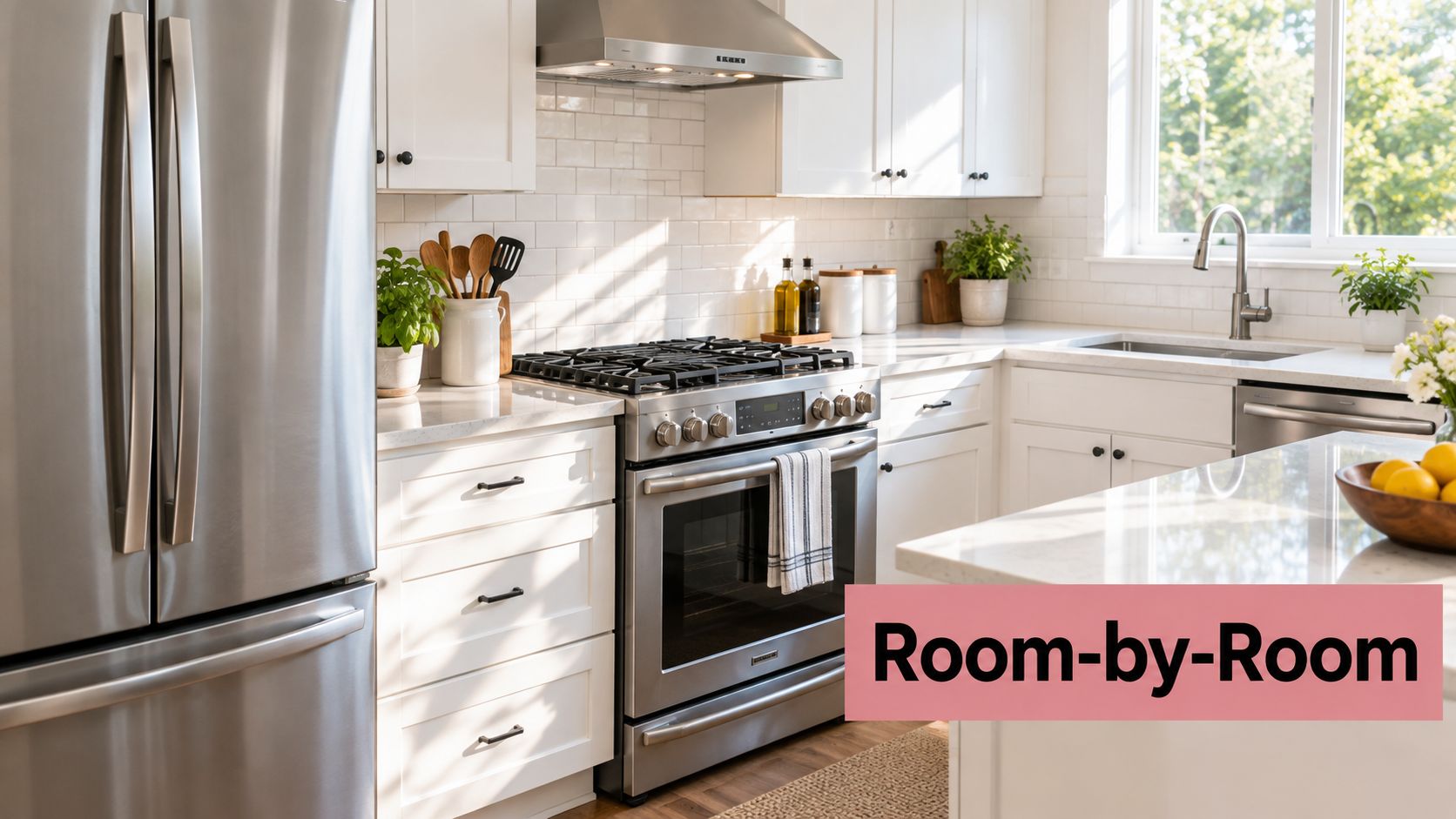 A clean, bright, and modern white kitchen featuring stainless steel appliances and a marble countertop.