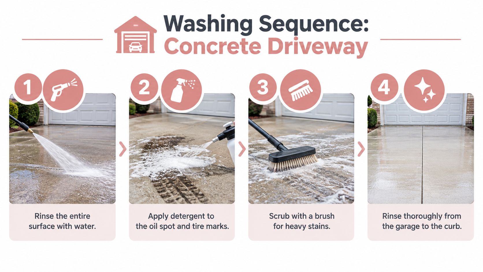 A four-step infographic showing how to clean a concrete driveway using water, detergent, and a scrub brush.