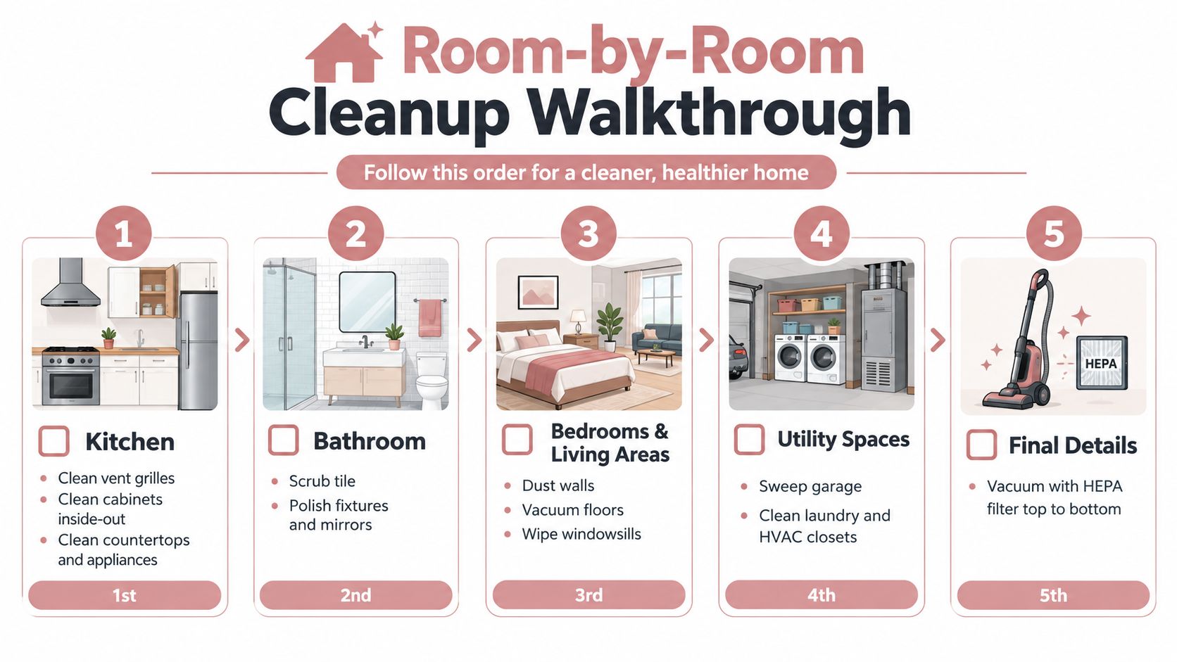 An illustrated five-step room-by-room home cleanup walkthrough guide with tips for each cleaning section.