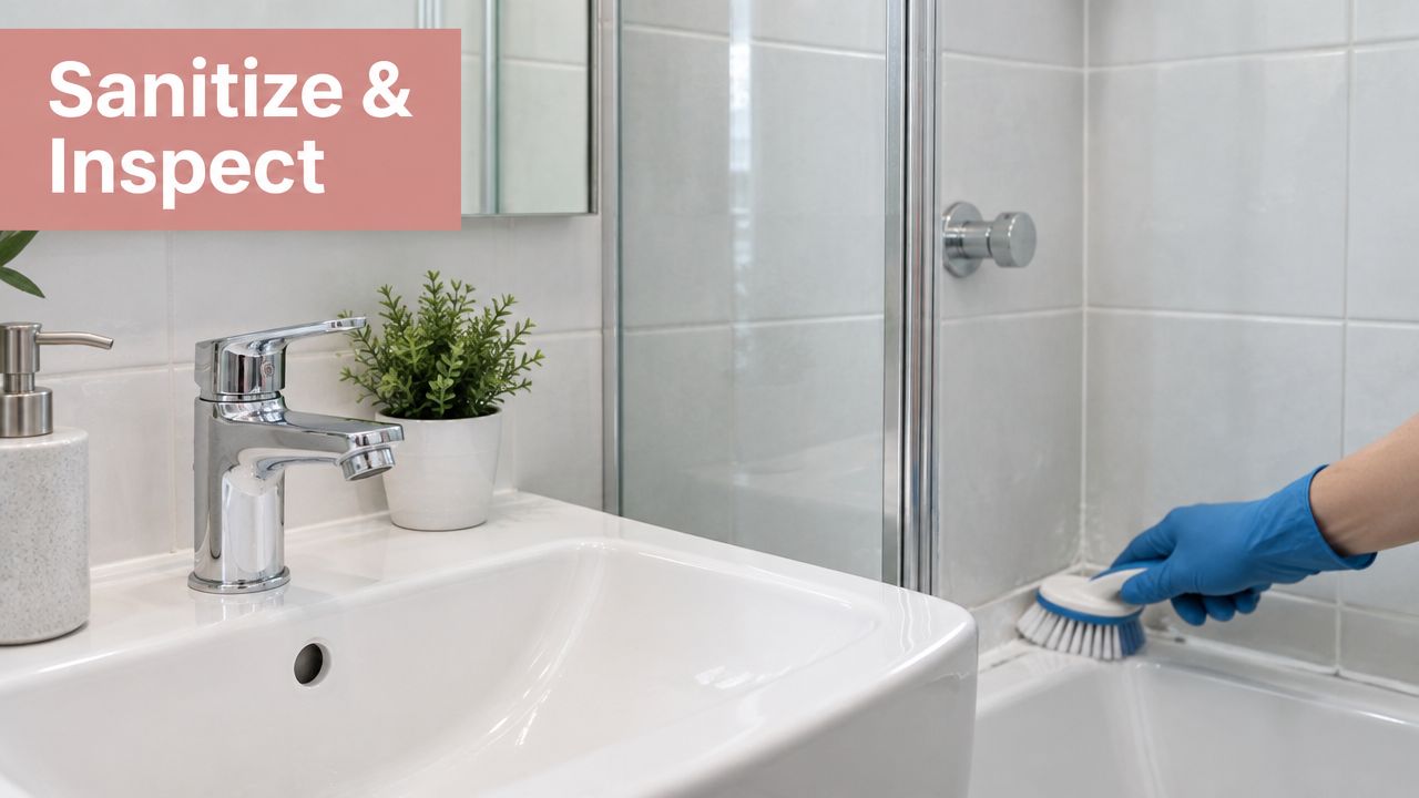 A person wearing blue gloves using a brush to clean bathroom tiles near a white sink.