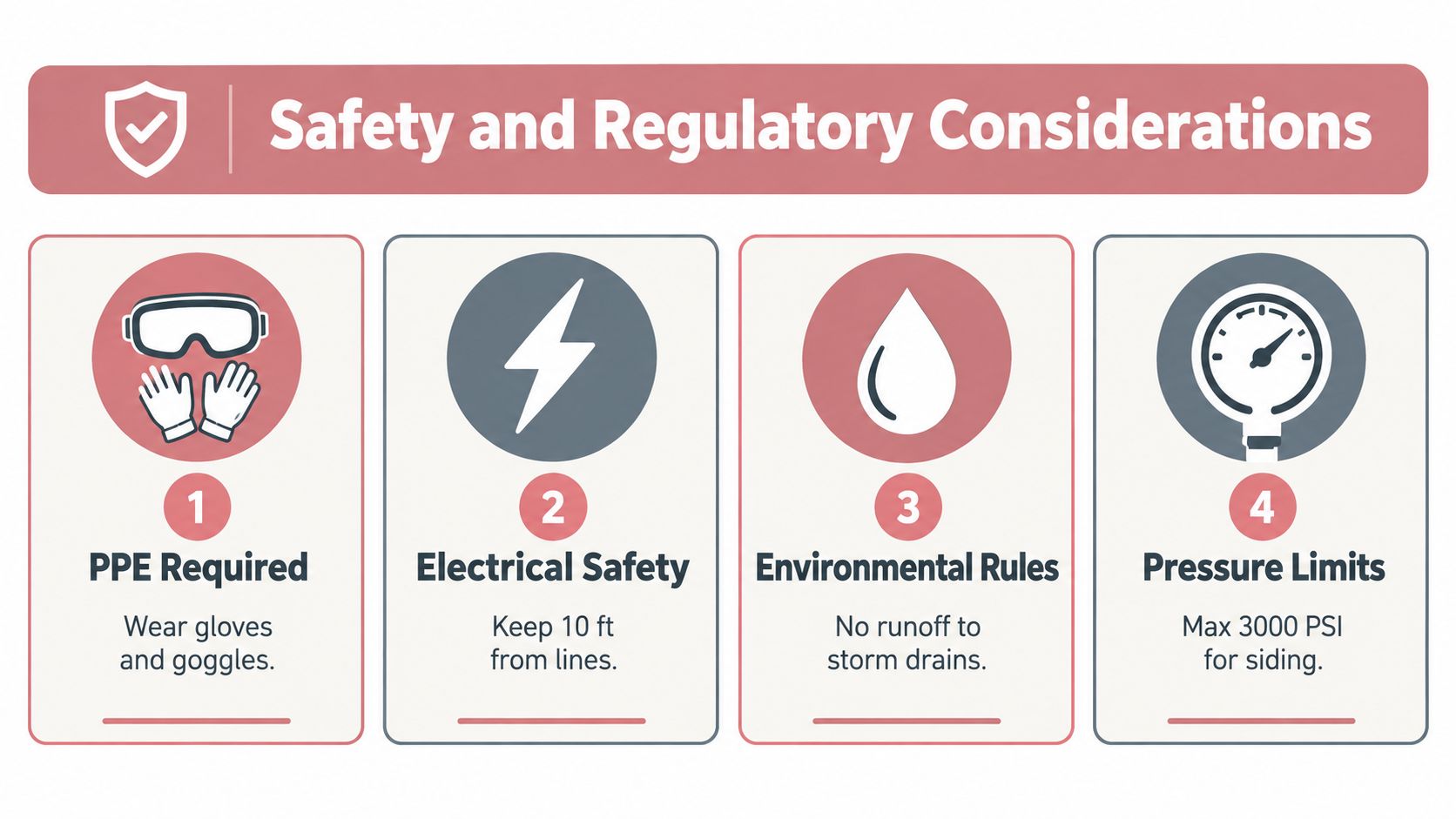 A safety infographic titled Safety and Regulatory Considerations highlighting PPE, electrical hazards, environmental rules, and pressure limits.