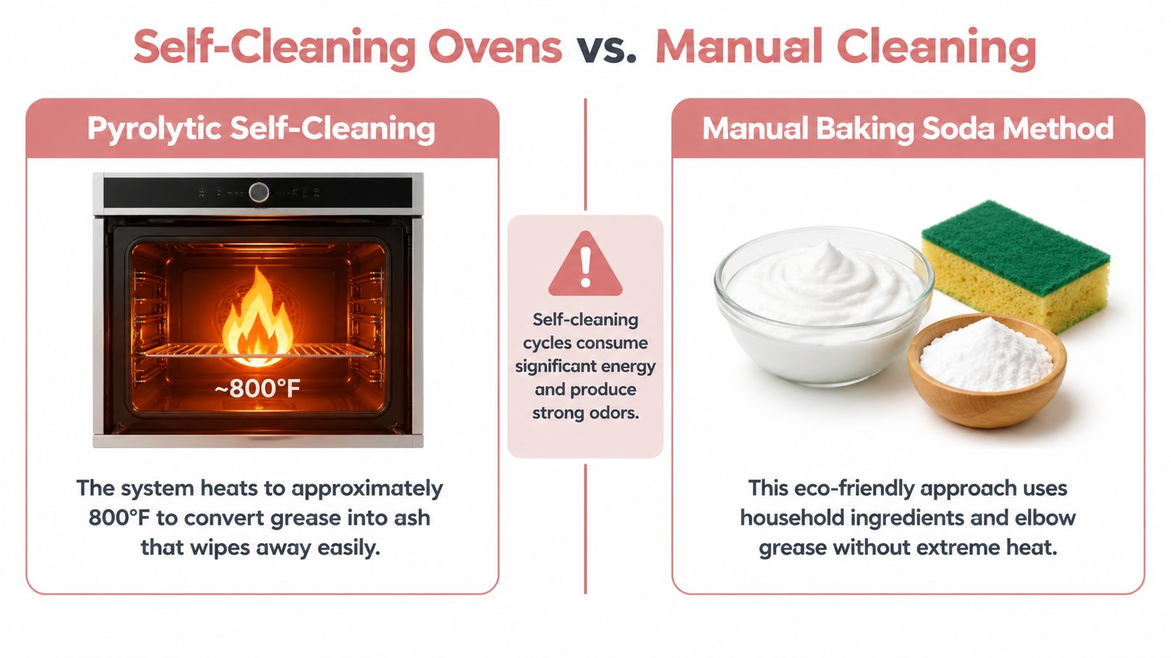 A comparison graphic between using a pyrolytic self-cleaning oven cycle and manual oven cleaning methods.
