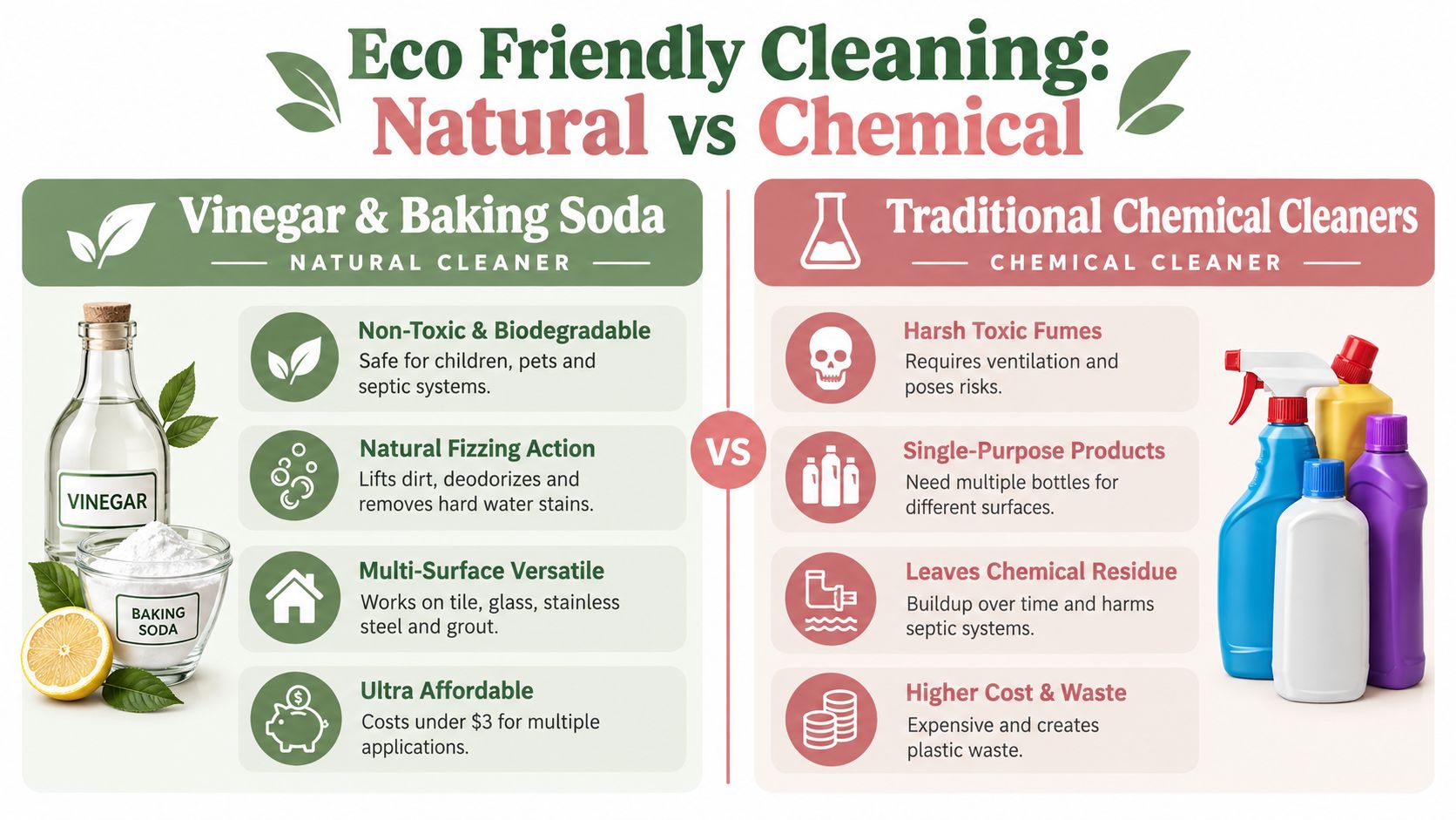 An infographic comparing the benefits of natural vinegar and baking soda versus traditional chemical cleaning products.
