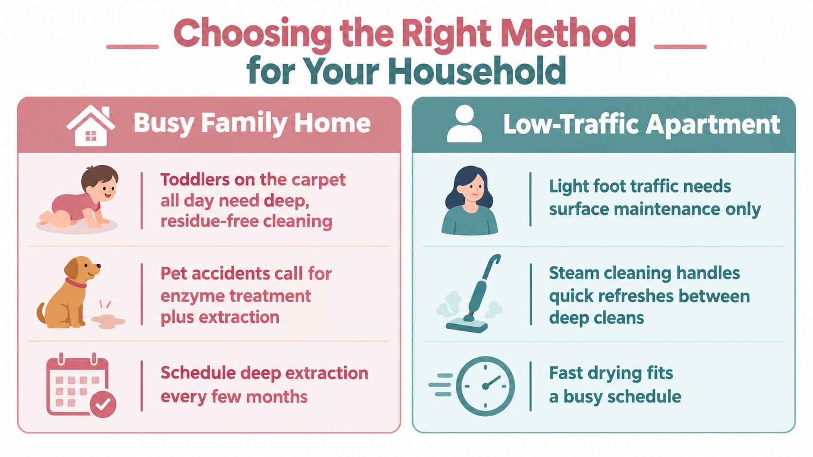 An infographic comparing carpet cleaning methods for busy family homes versus low-traffic apartments to ensure home hygiene.