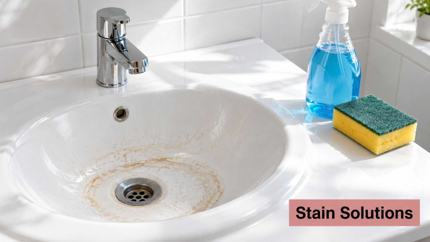 A dirty white bathroom sink with stains next to a spray bottle and a cleaning sponge.