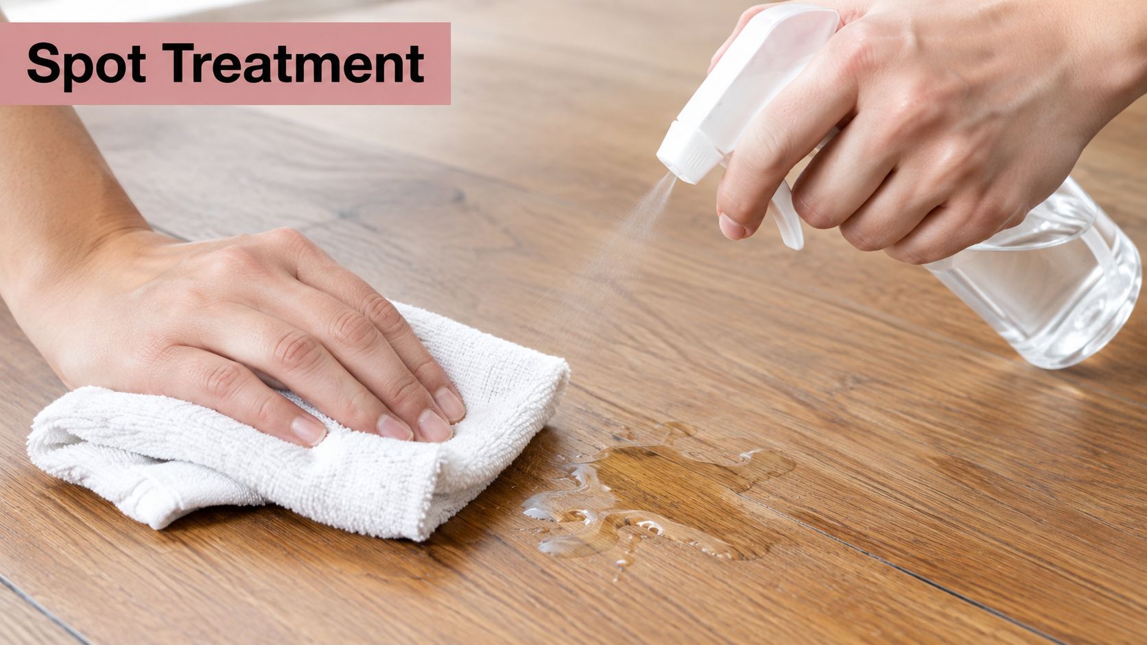 A person cleaning a spot on hardwood flooring using a spray bottle and a white microfiber cloth.